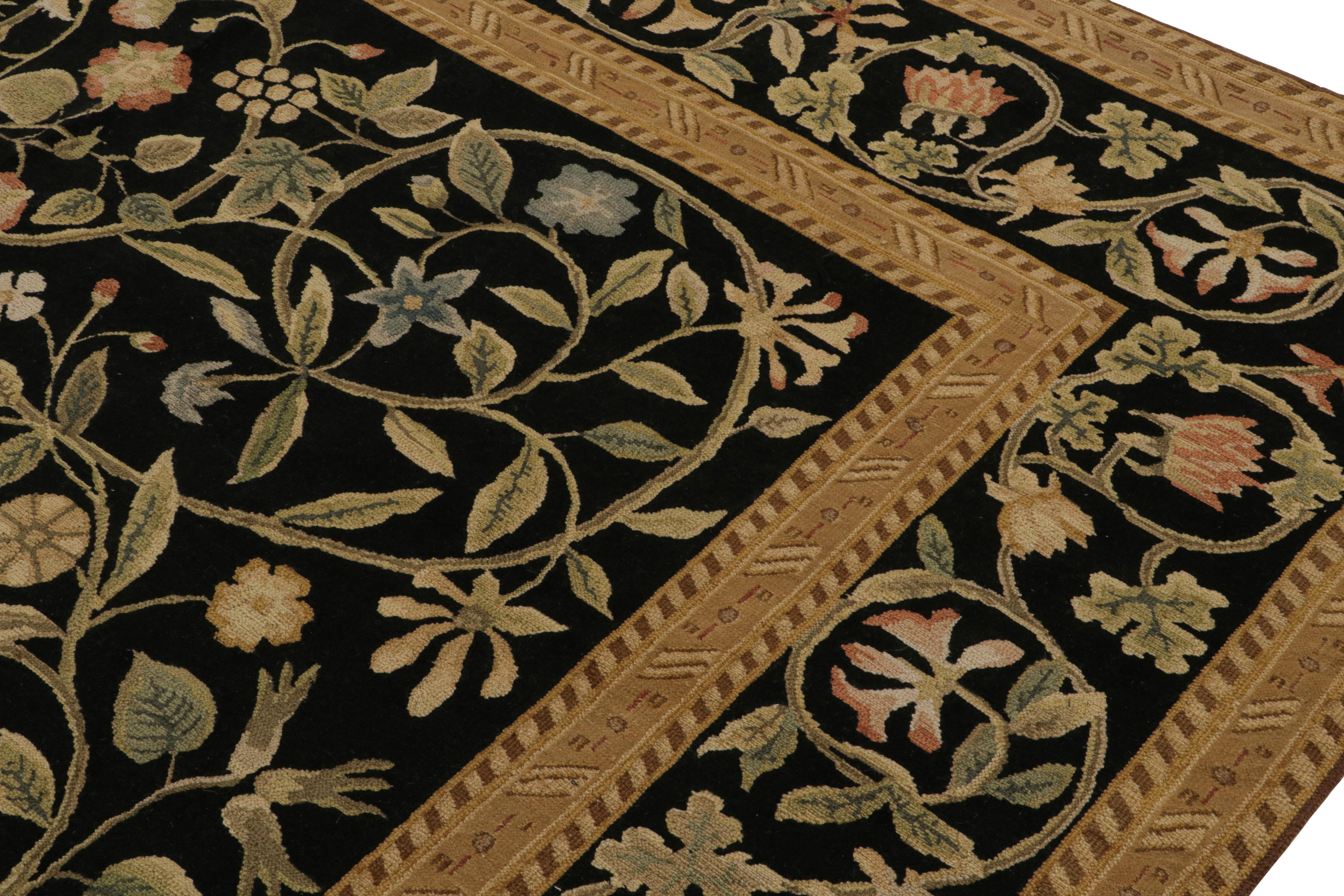 Hand-Knotted Rug & kilim’s European Style Rug in Black with Beige and Green Floral Patterns For Sale