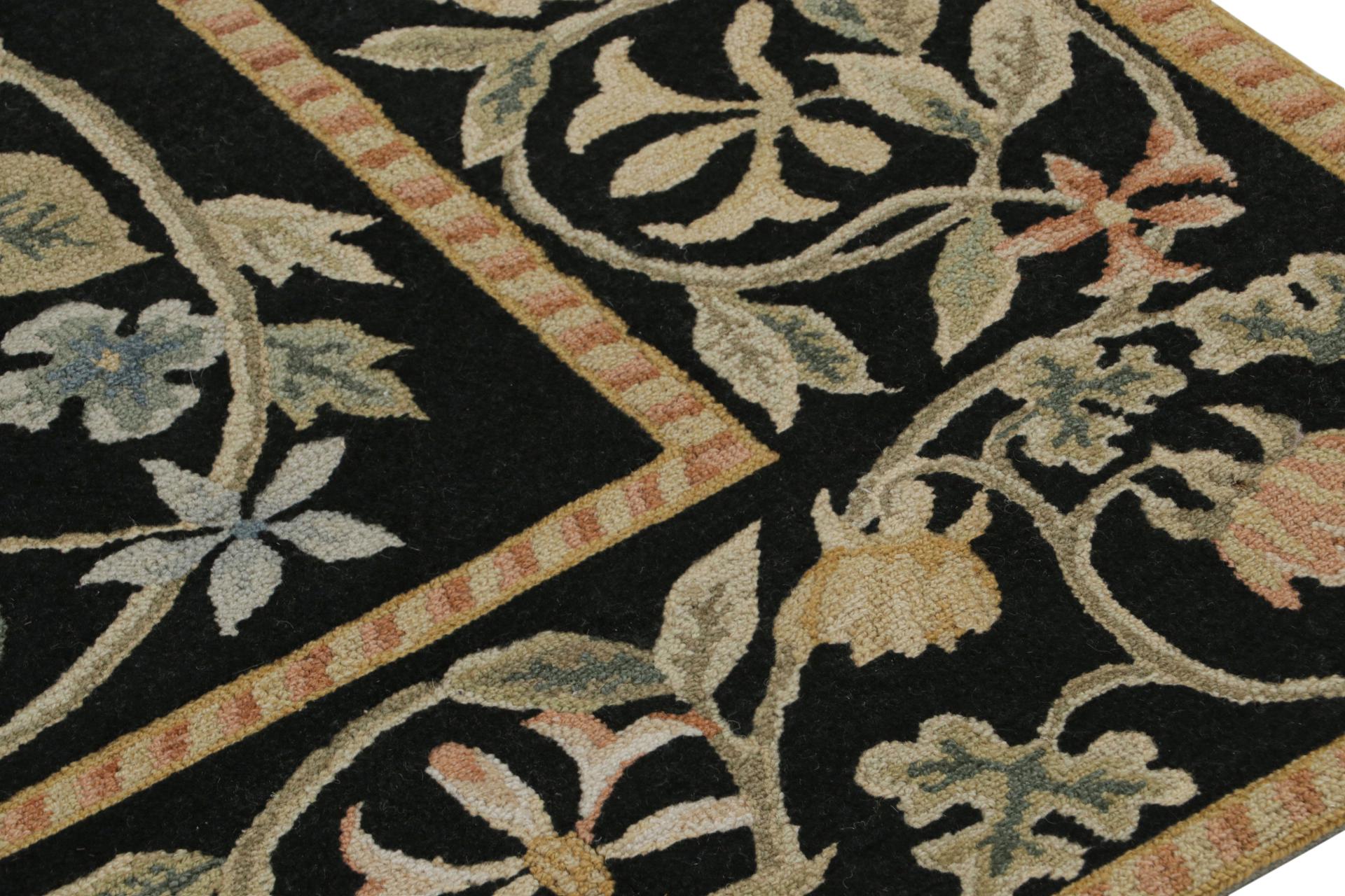 Hand-Knotted Rug & kilim’s European Style Rug in Black with Beige and Green Floral Patterns For Sale
