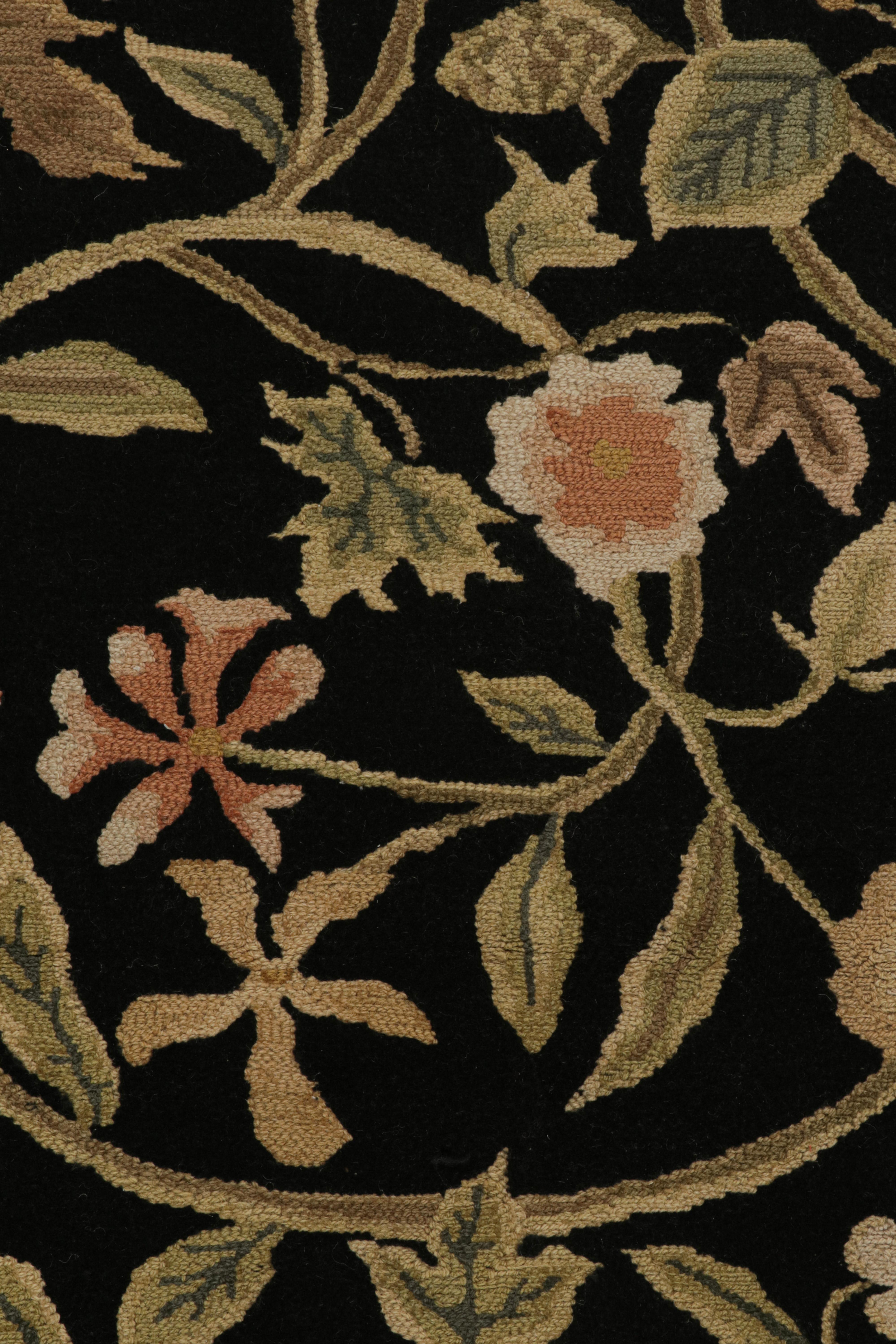 Rug & kilim’s European Style Rug in Black with Beige and Green Floral Patterns In New Condition For Sale In Long Island City, NY