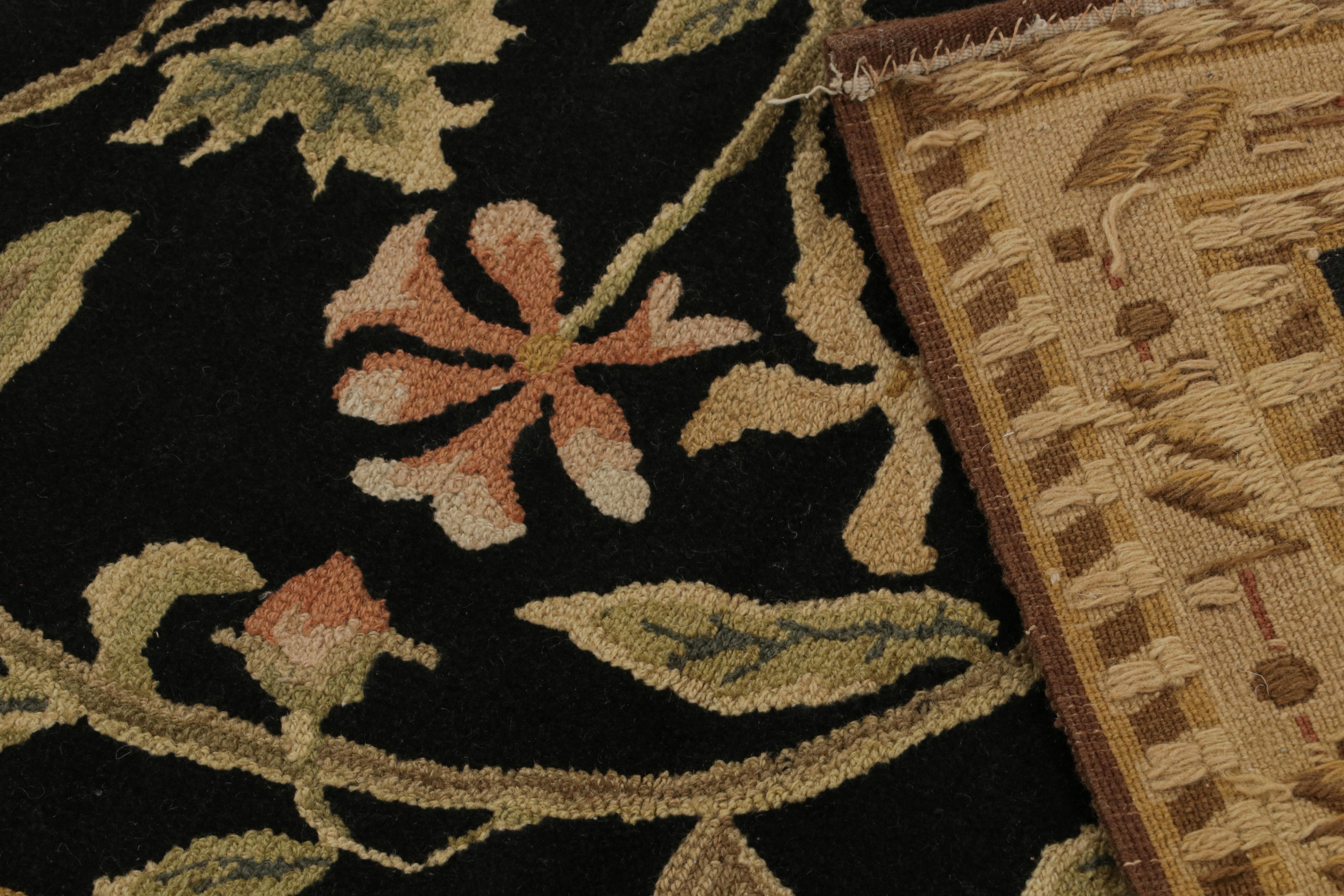 Contemporary Rug & kilim’s European Style Rug in Black with Beige and Green Floral Patterns For Sale