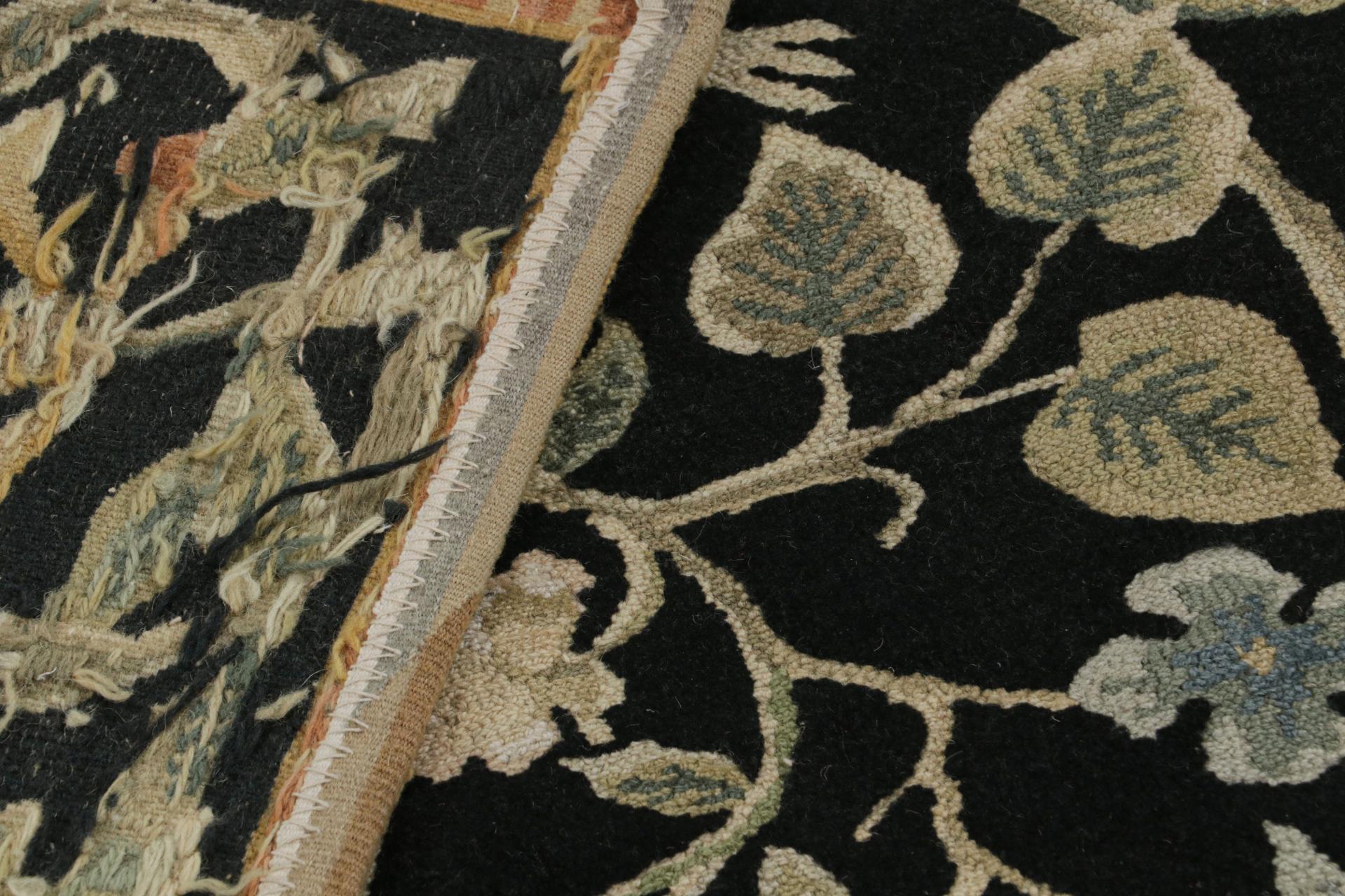 Contemporary Rug & kilim’s European Style Rug in Black with Beige and Green Floral Patterns For Sale