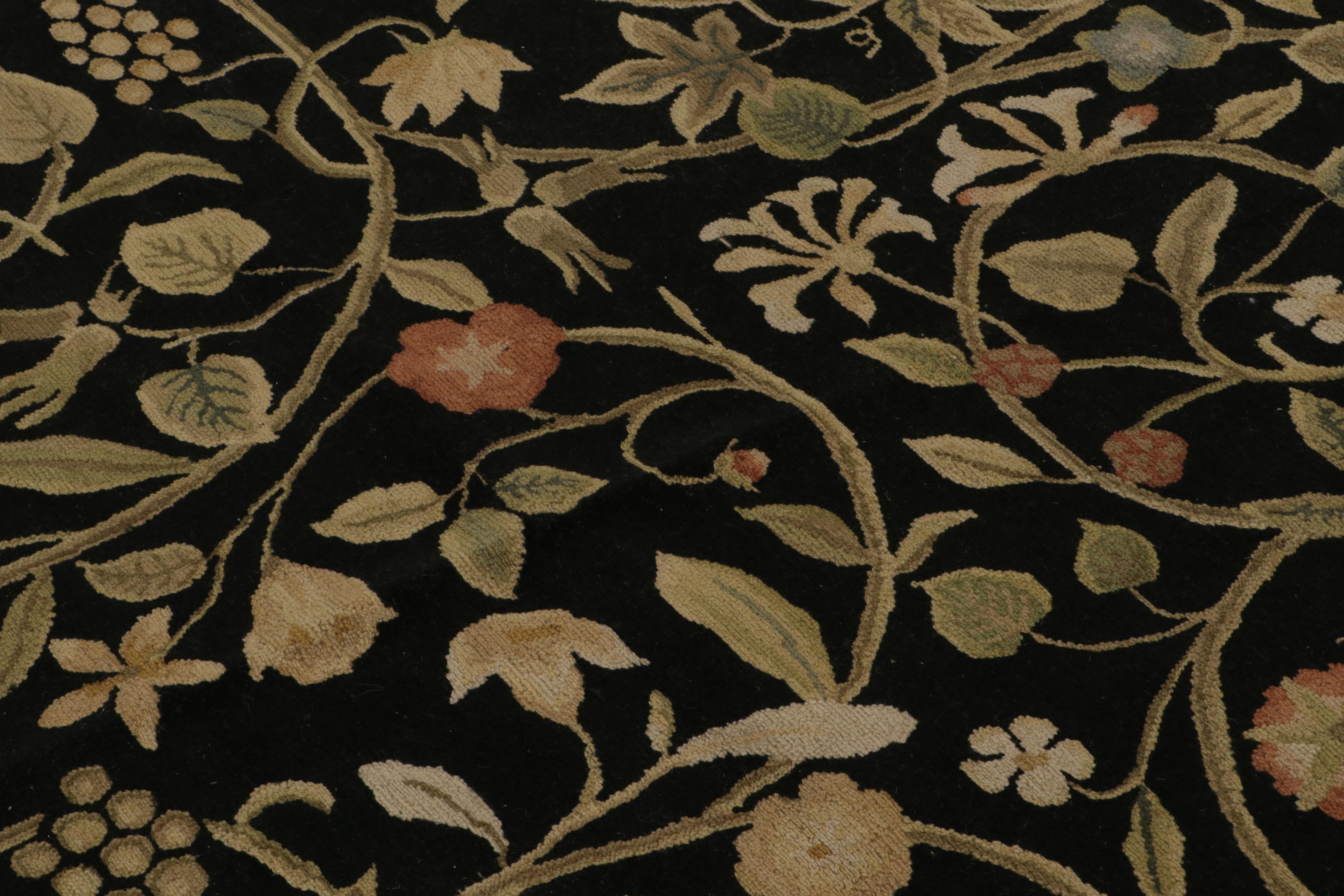 Wool Rug & kilim’s European Style Rug in Black with Beige and Green Floral Patterns For Sale
