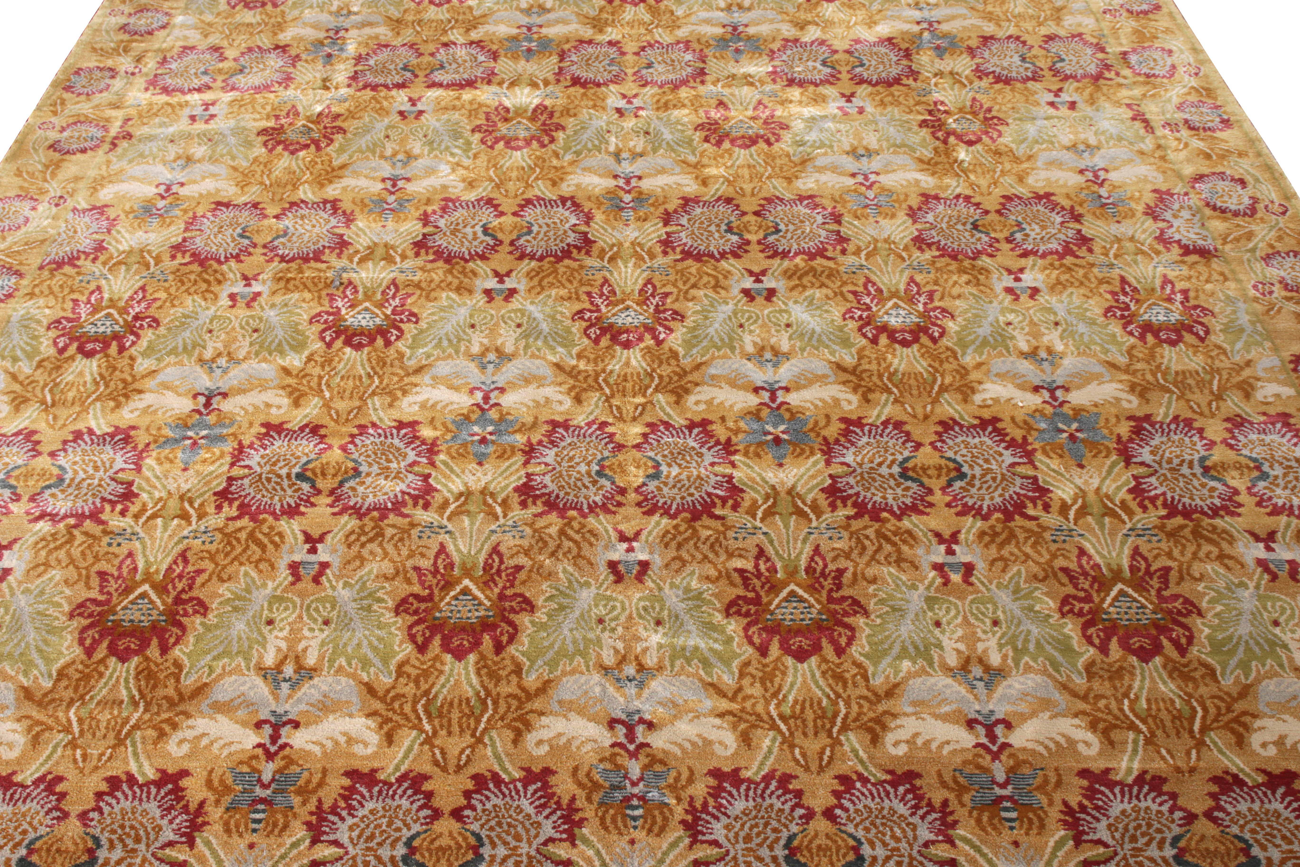 Nepalese Rug & Kilim’s European Style Rug in Gold and Red All over Floral Pattern For Sale