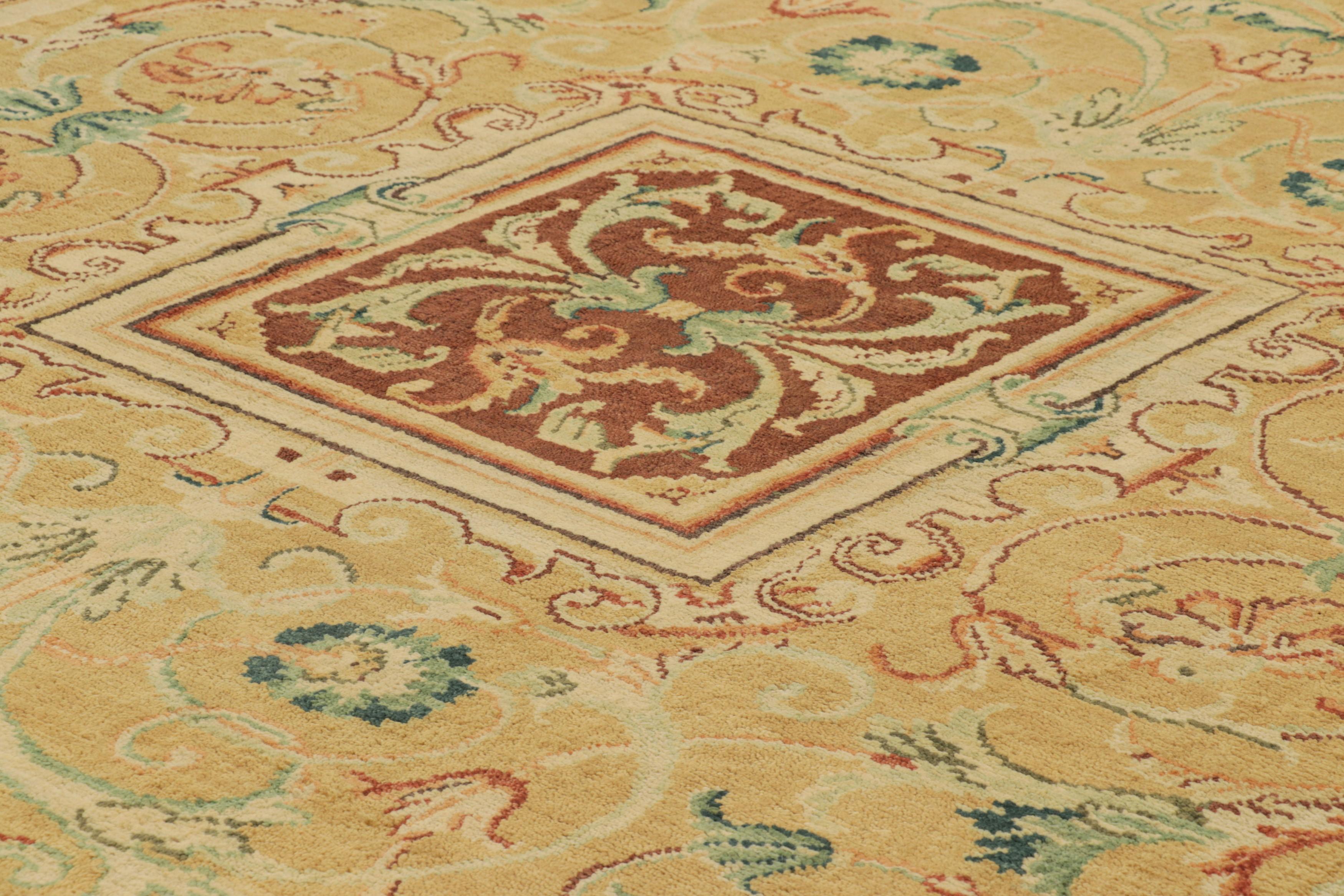 Hand-knotted in wool, this 10x14 contemporary rug is an elegant new piece in Rug 
Kilim’s European rug collection—a design inspired by antique French rug designs of the Neoclassical sensibility. 

On the Design: 

Gold and beige-brown tones