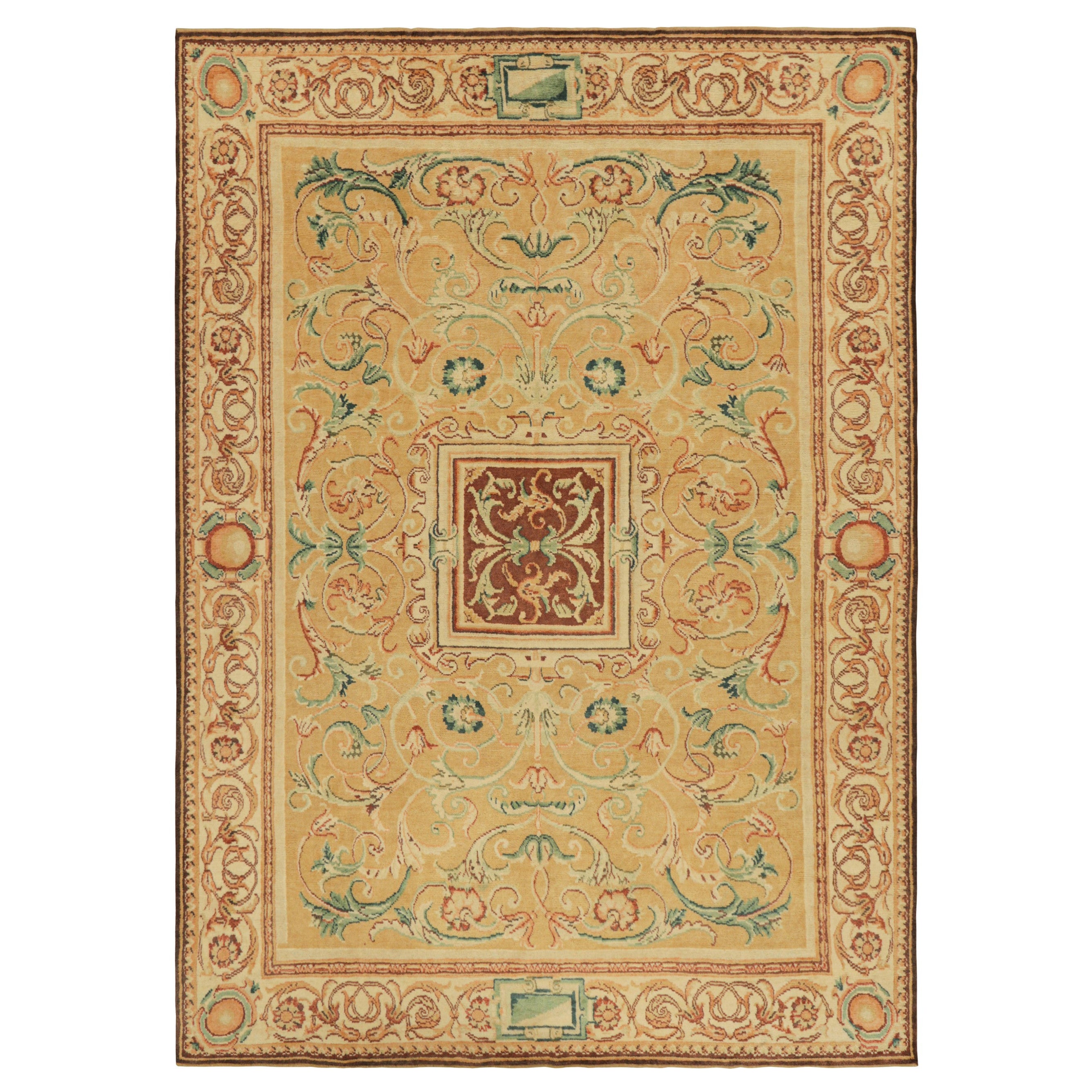 Rug 
Kilim’s European Style Rug in Gold with Floral Patterns and Medallion For Sale