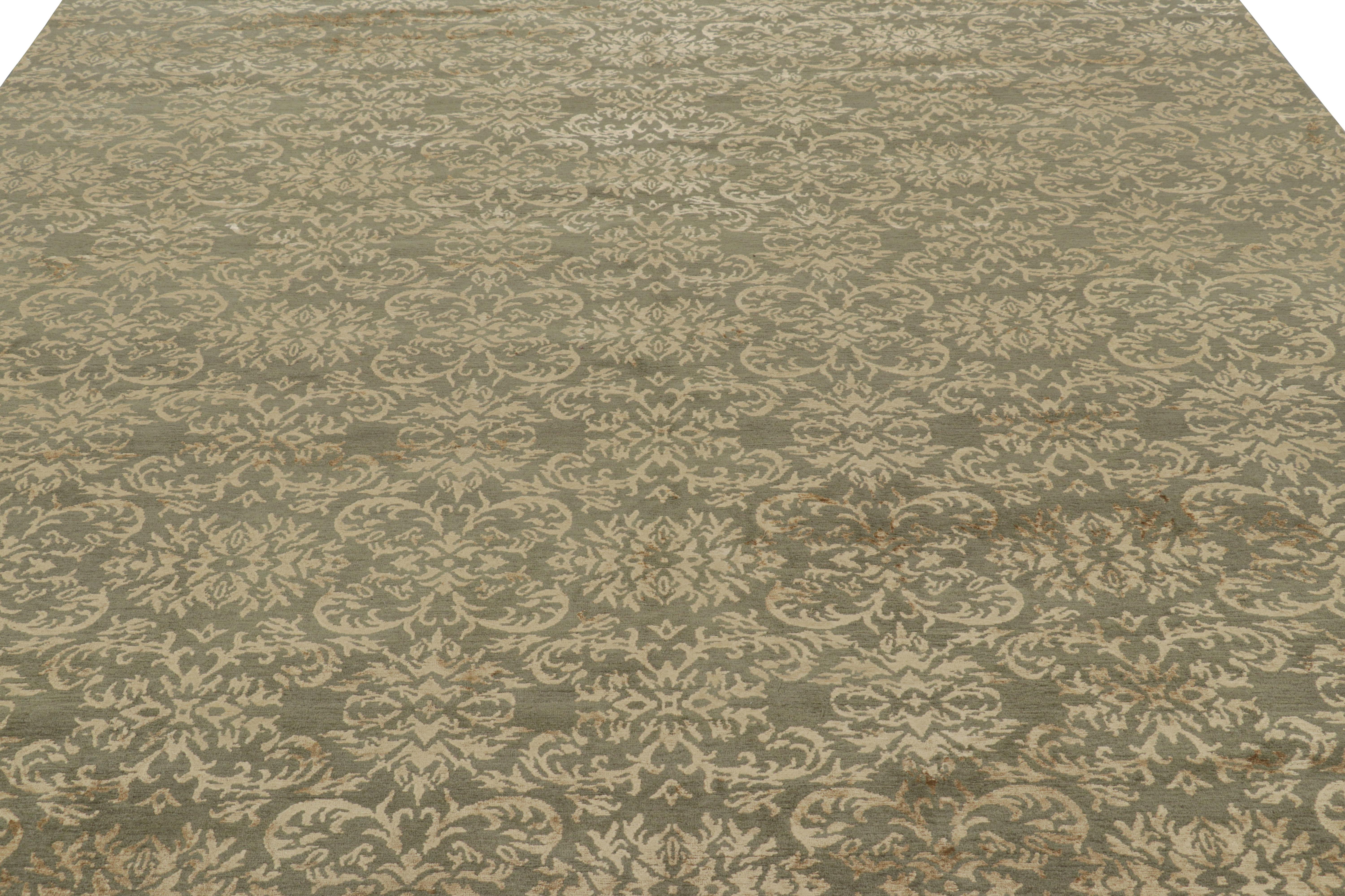 Hand-knotted in wool and silk in our most luxurious Nepalese pile, this 9x12 transitional rug is an addition to the European rug collection by Rug & Kilim.

On the Design: 

Admirers of the craft and collectors of fine textile art will note the