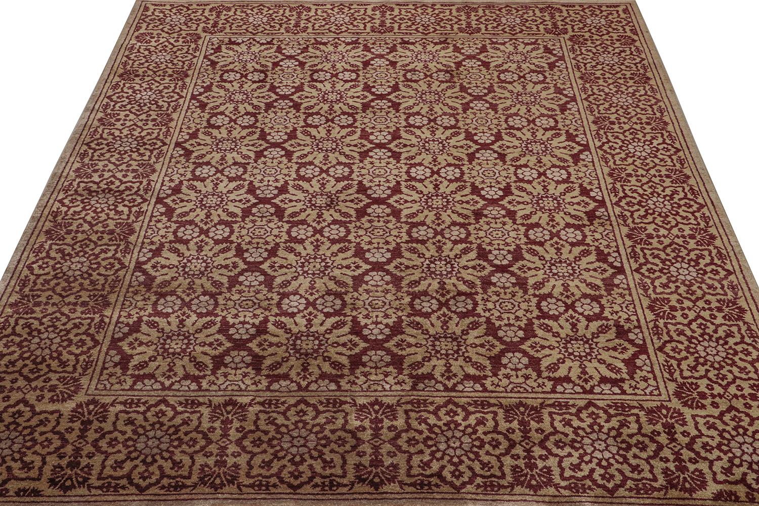 Indian Rug & Kilim’s European Style Rug with Maroon & Gold Floral Pattern For Sale