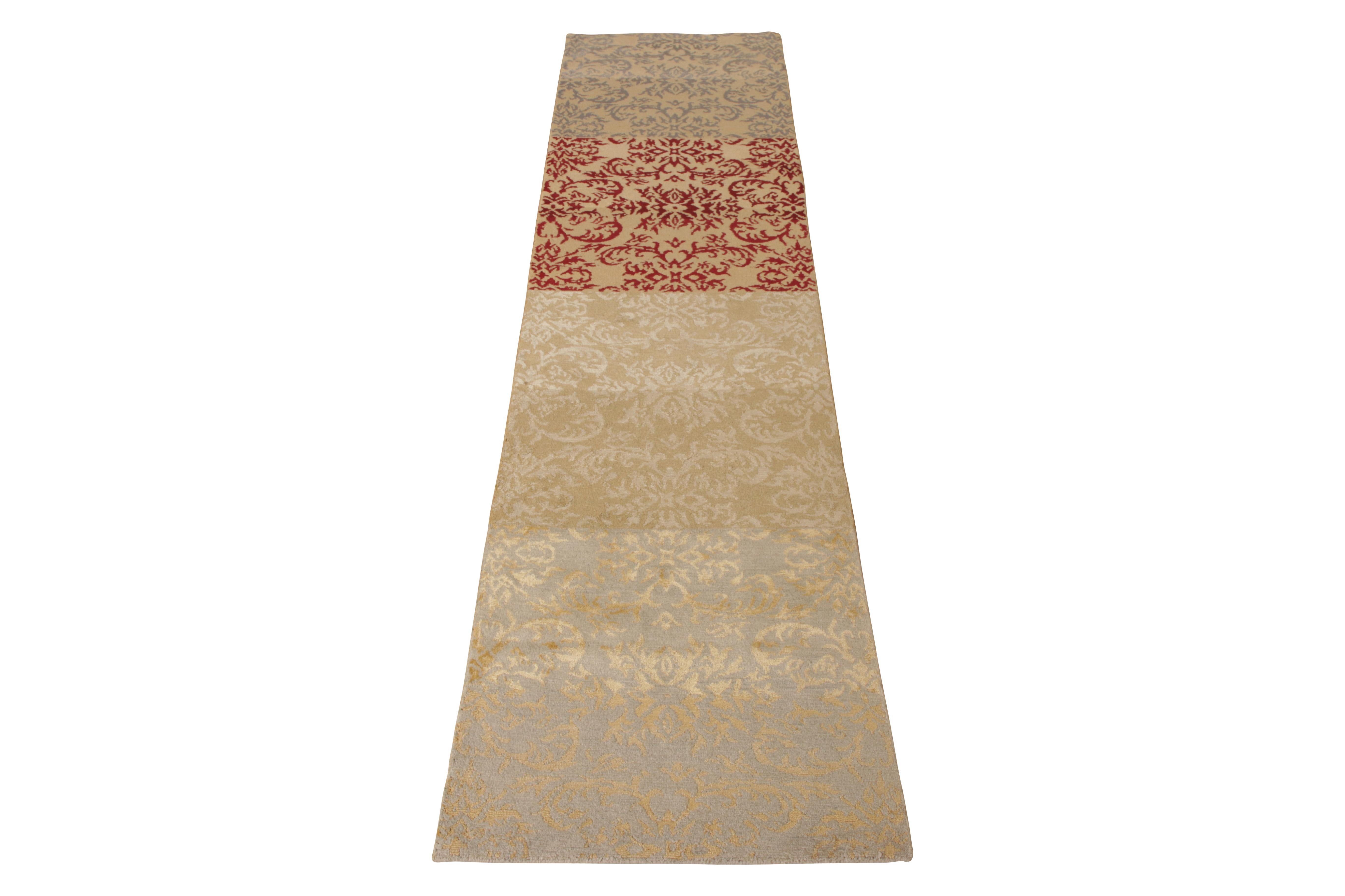 A 2 x 10 runner from the European Collection by Rug & Kilim, hand knotted in a blend of wool and lustrous silk. Enjoying regal beige-brown and gold in the prevailing hues, complemented by the silk’s sheen for a brilliant play of light. A