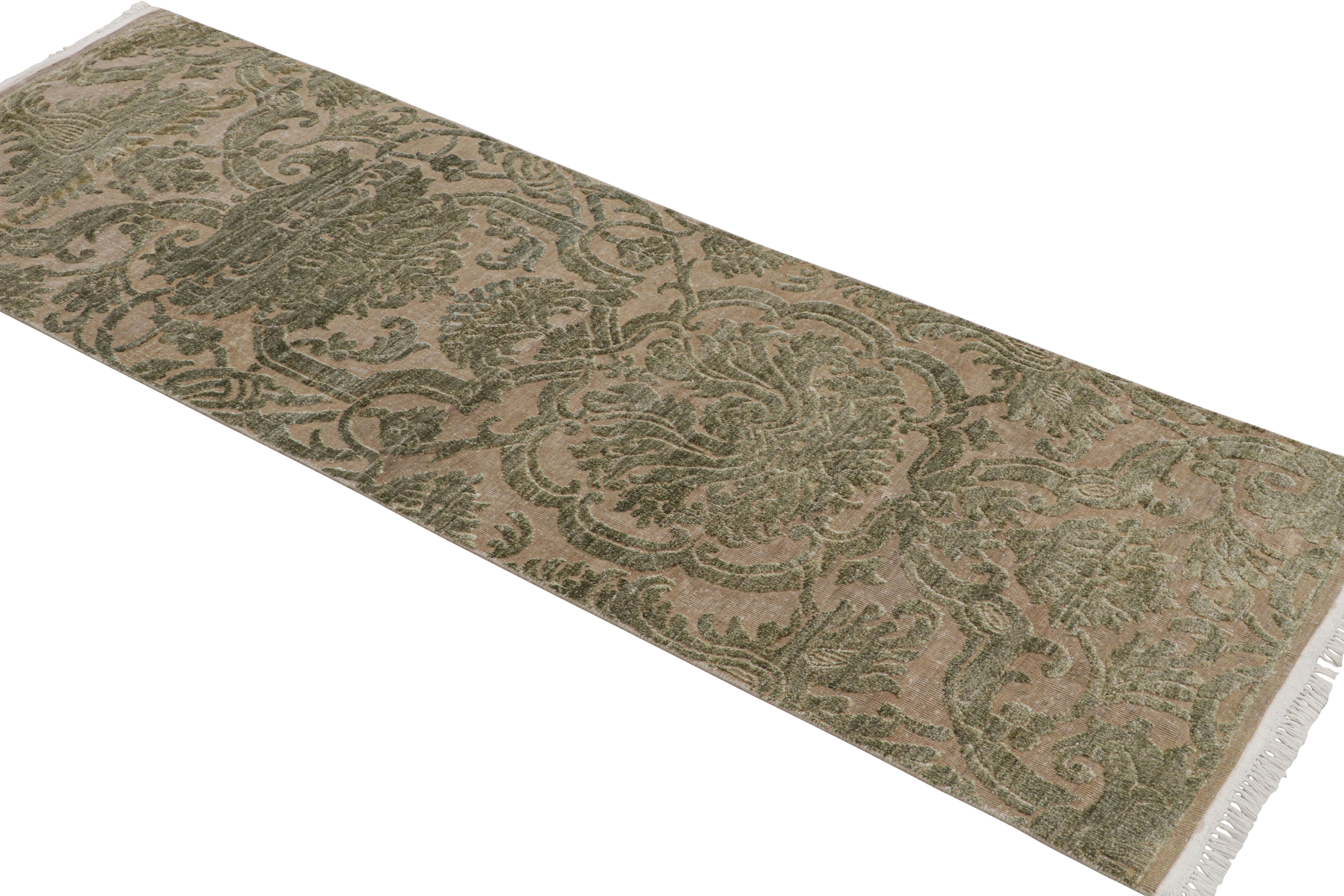 Hand-knotted in wool and silk, this 3x8 runner is from the European rug collection by Rug & Kilim–a contemporary take on tasteful classic styles. 

On the Design:

The rug enjoys beige tones underscoring green floral patterns - particularly sage and