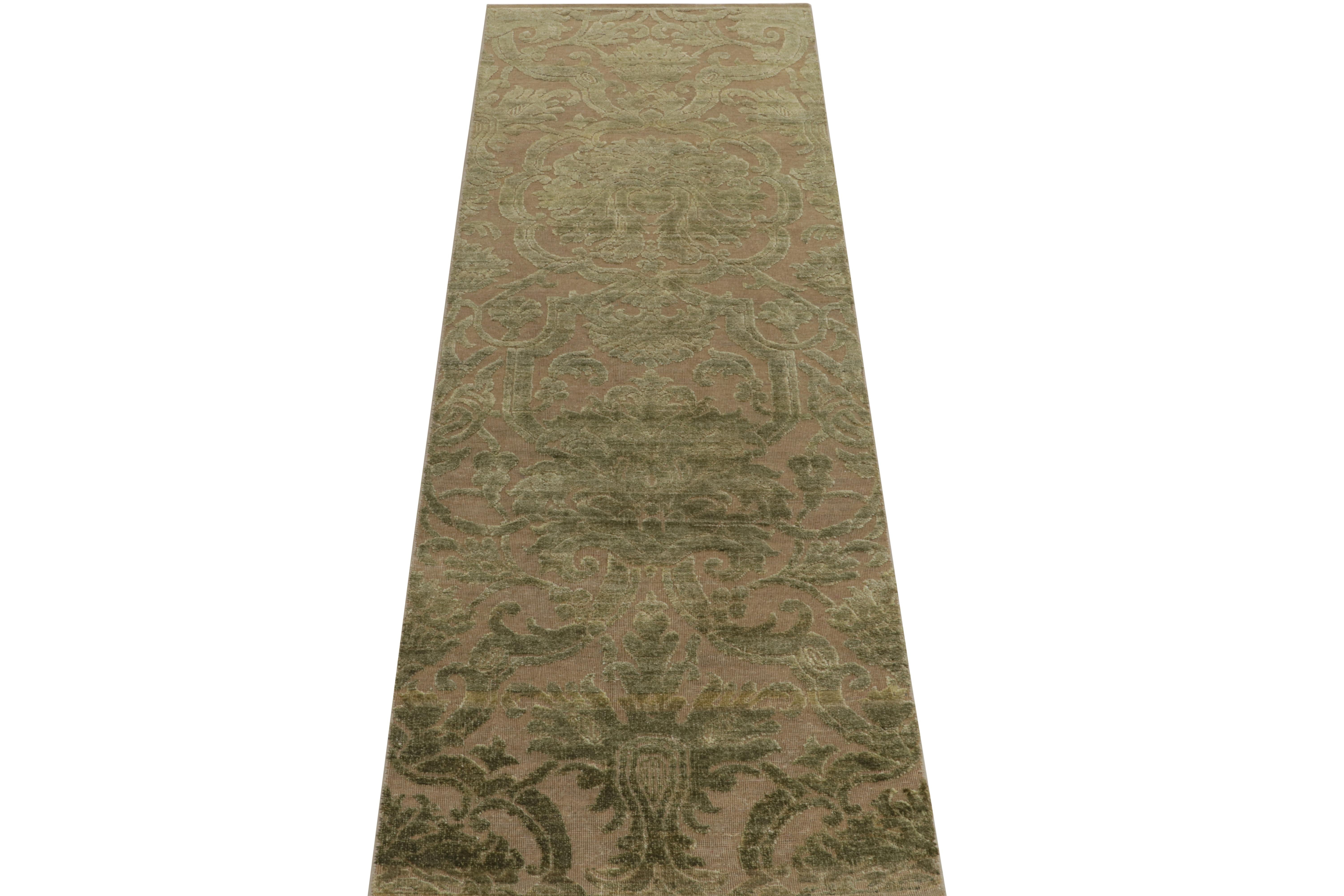 Handknotted in a fine blend of wool and silk, this 3x8 contemporary runner from our Modern Classics collection recaptures European sensibilities of the 18th century. The classic inspiration unfolds with an all over floral pattern in luscious green