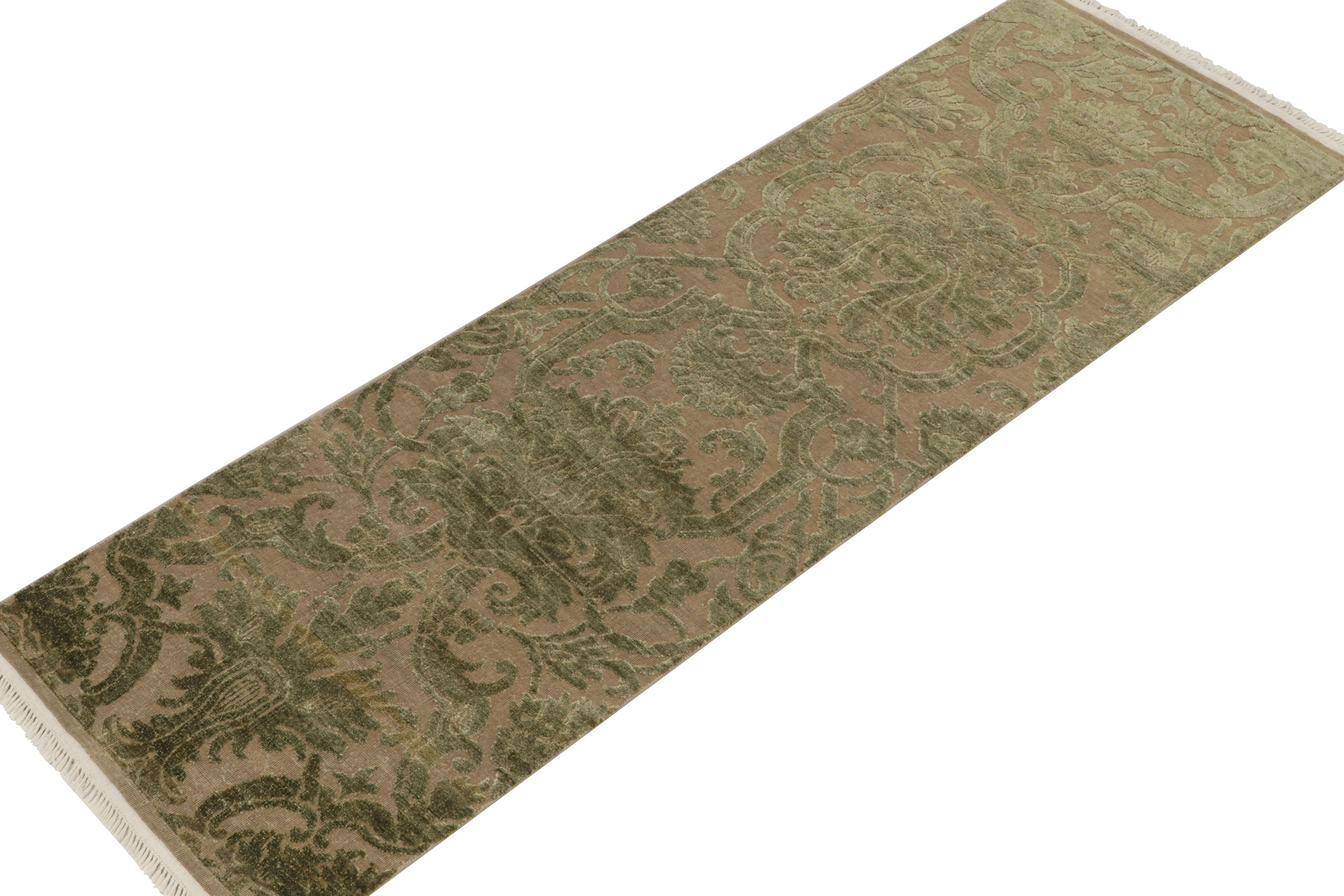 Indian Rug & Kilim’s European Style Runner in Beige with Green Floral Patterns For Sale