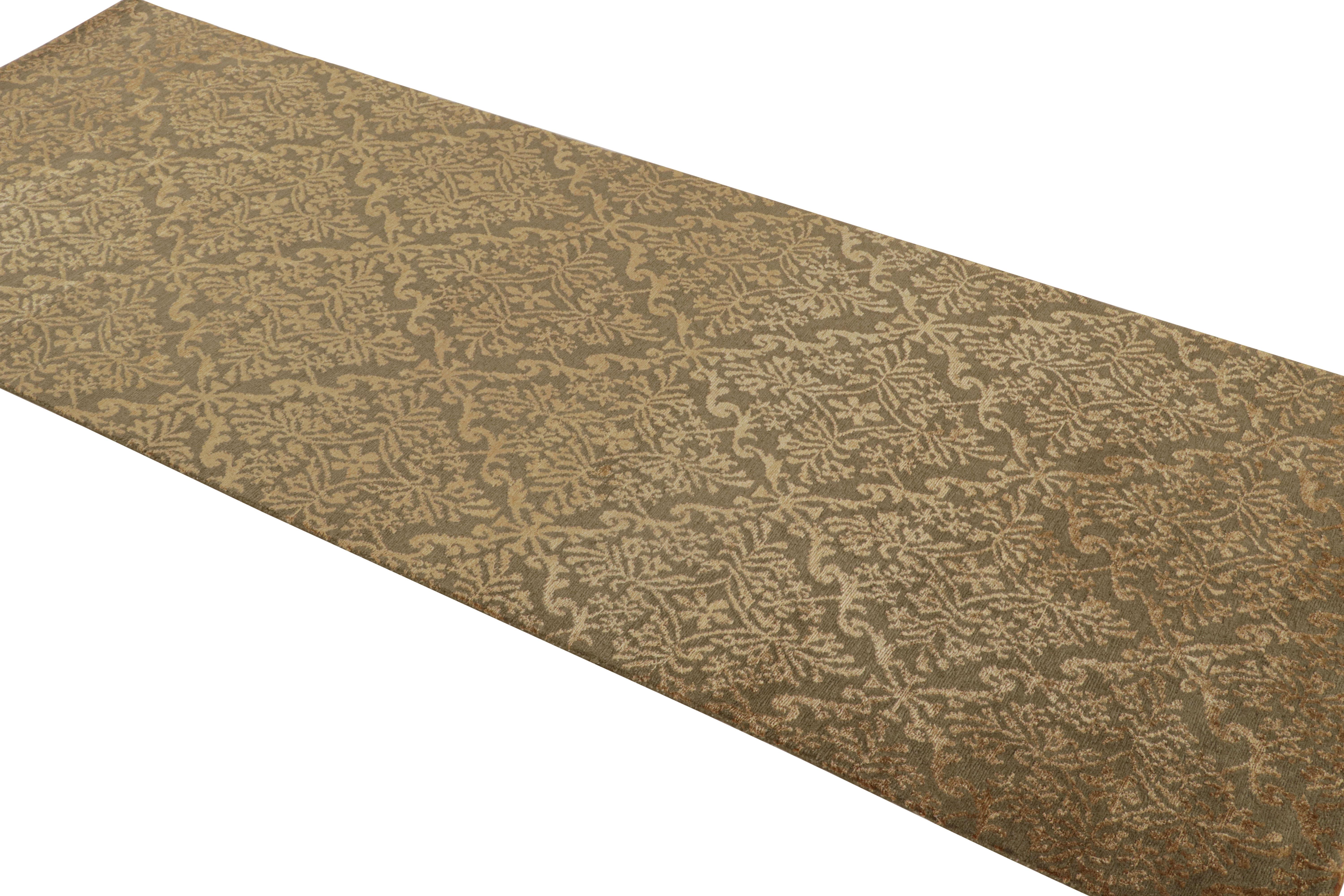 Hand-knotted wool and silk in a thick, durable pile that represents one of our most luxurious custom-capable constructions, this 3x8 modern European style “Cordoba” rug features all over floral patterns. 

On the Design: 

Connoisseurs may admire