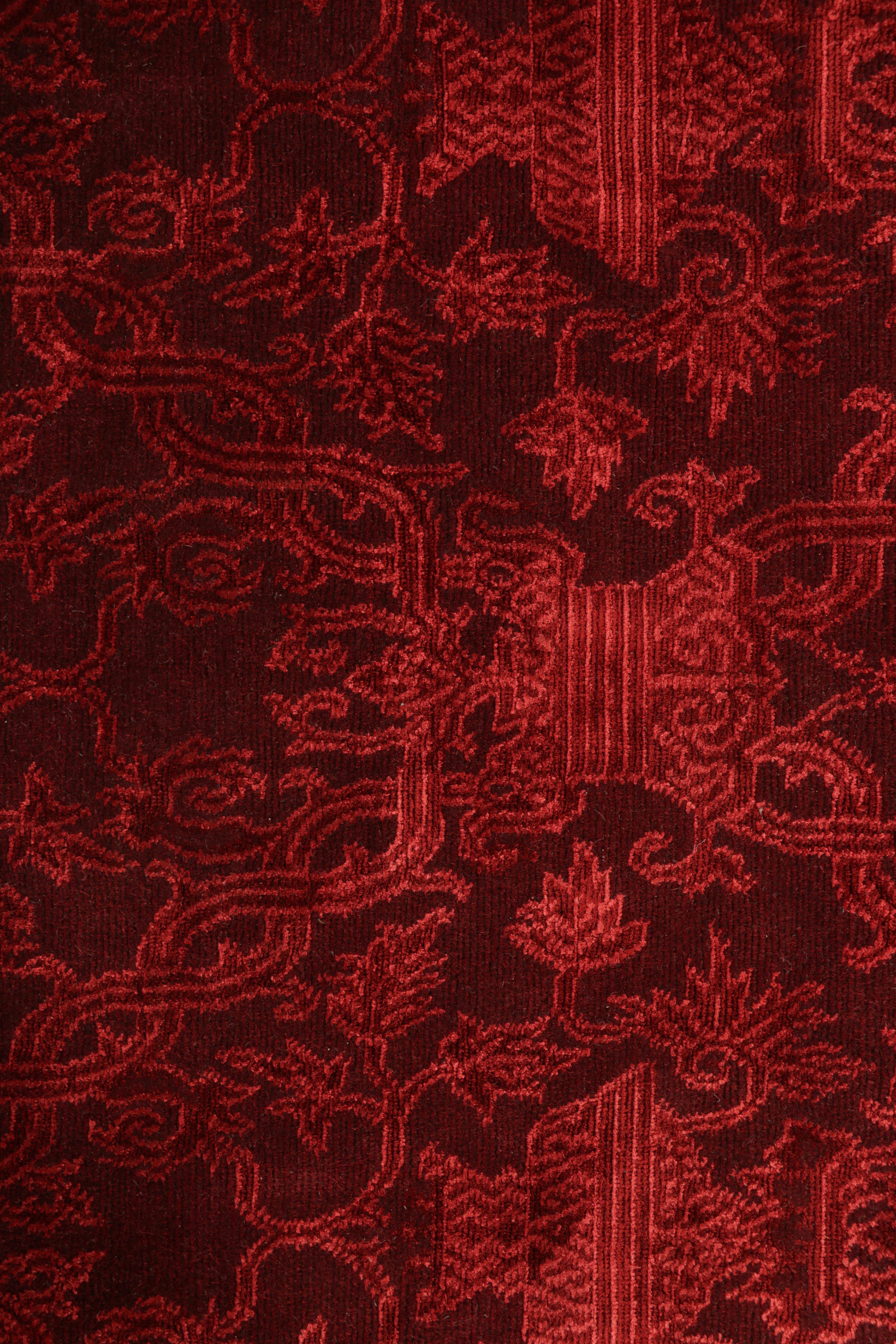 Nepalese Rug & Kilim’s European Style Square Rug in Burgundy with Floral Patterns For Sale