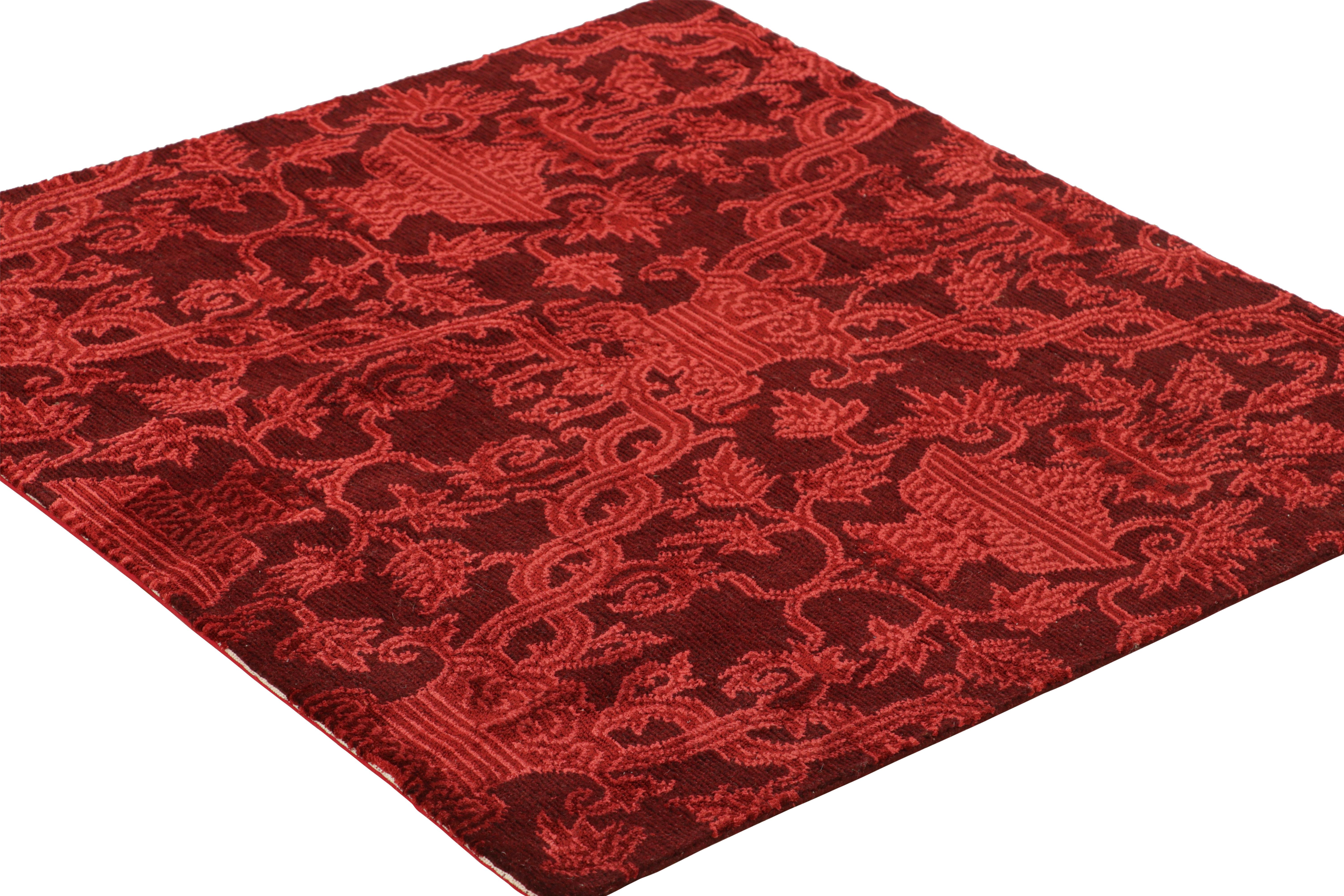 Hand-Knotted Rug & Kilim’s European Style Square Rug in Burgundy with Floral Patterns For Sale