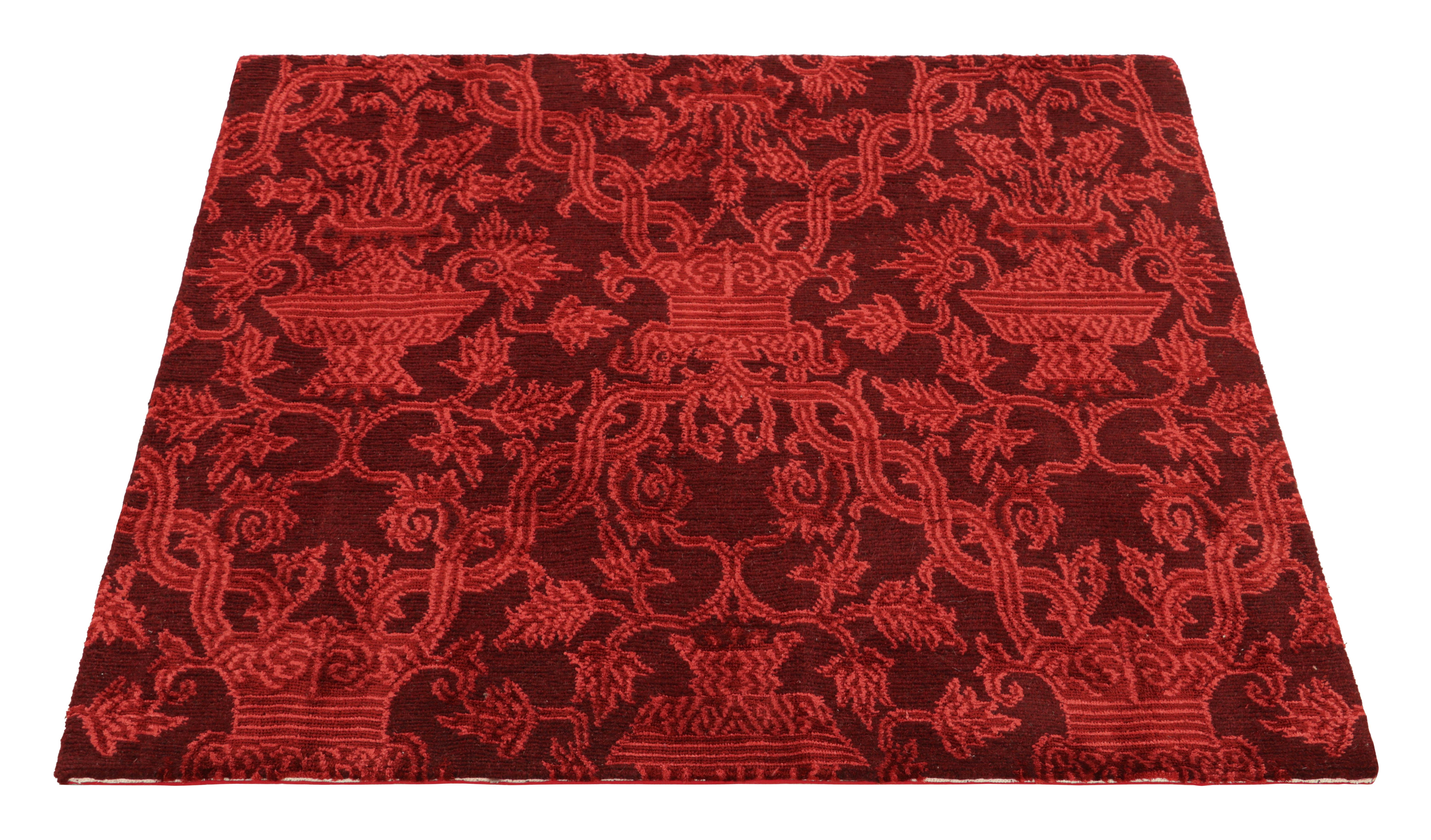 Rug & Kilim’s European Style Square Rug in Burgundy with Floral Patterns In New Condition For Sale In Long Island City, NY