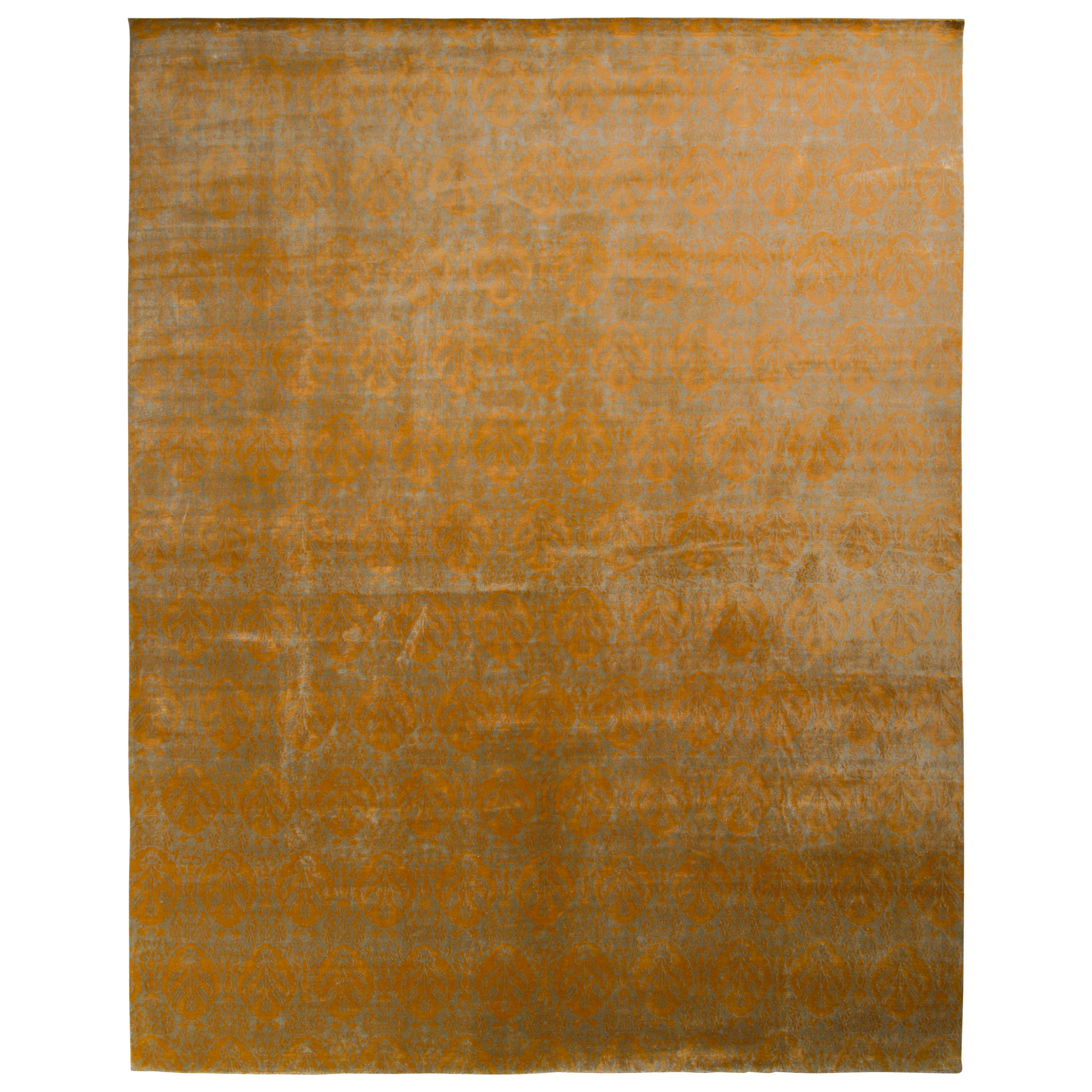 Rug & Kilim's European Style Transitional Rug in Gold Green All-Over Pattern For Sale