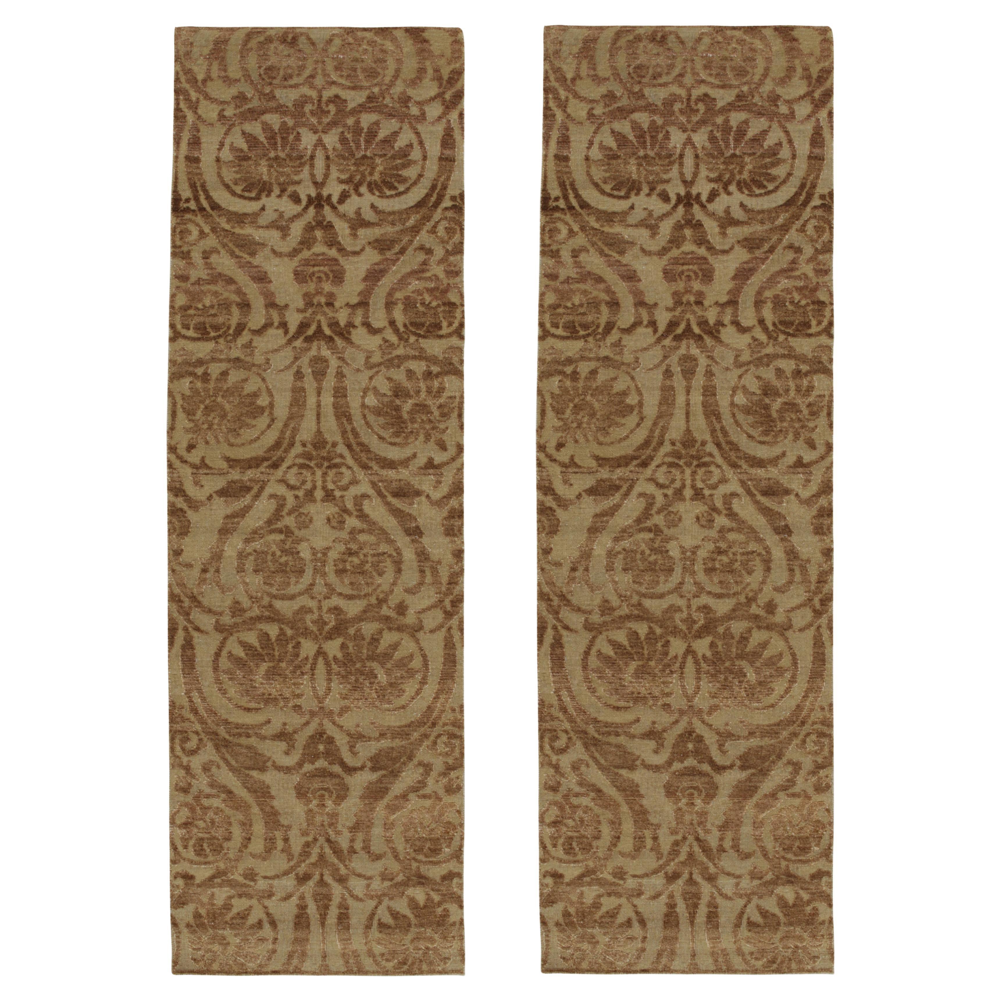 Rug & Kilim’s European Style Twin Runners in Beige with Brown Floral Patterns For Sale