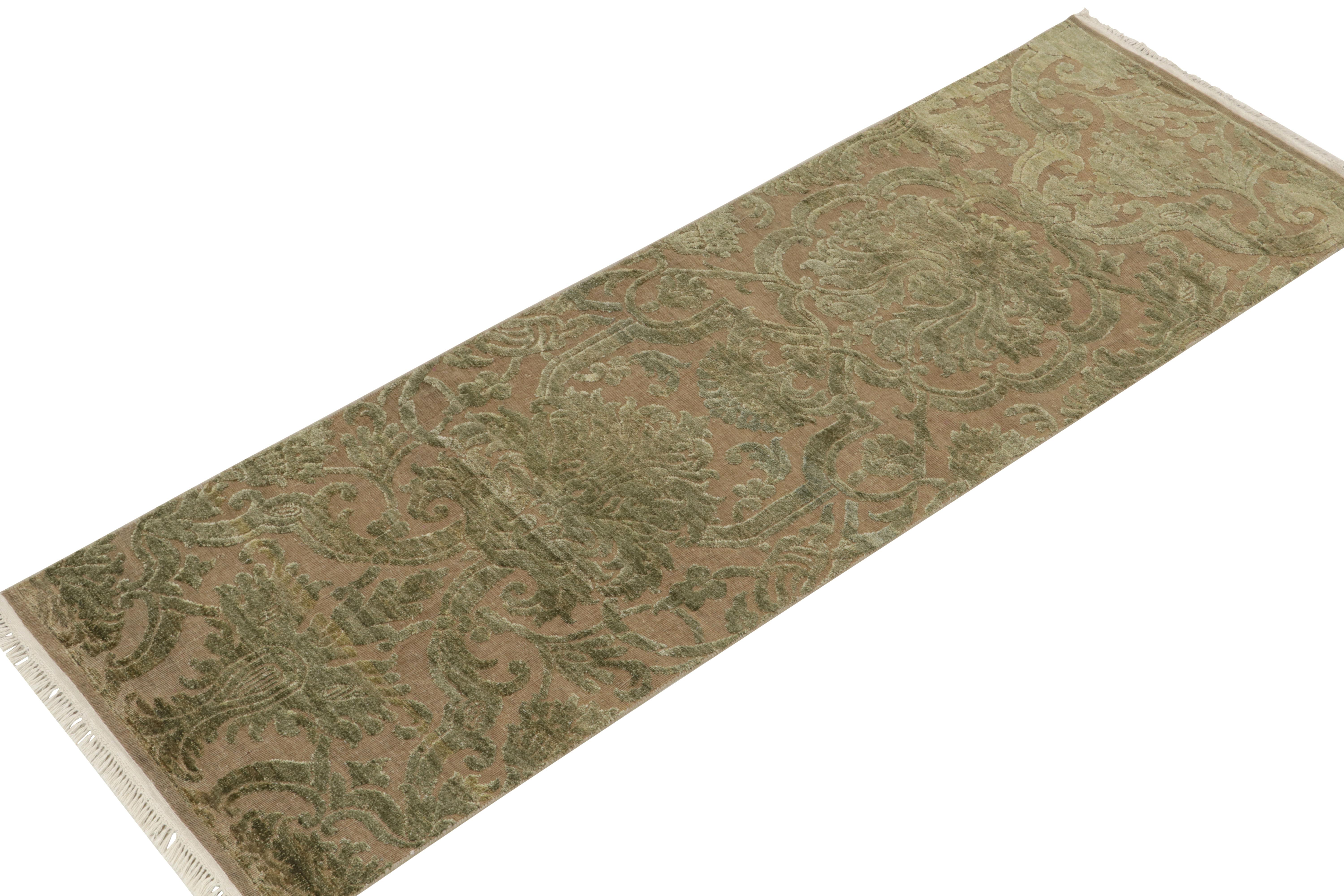 Indian Rug & Kilim’s European Style Twin Runners in Beige with Green Floral Patterns For Sale