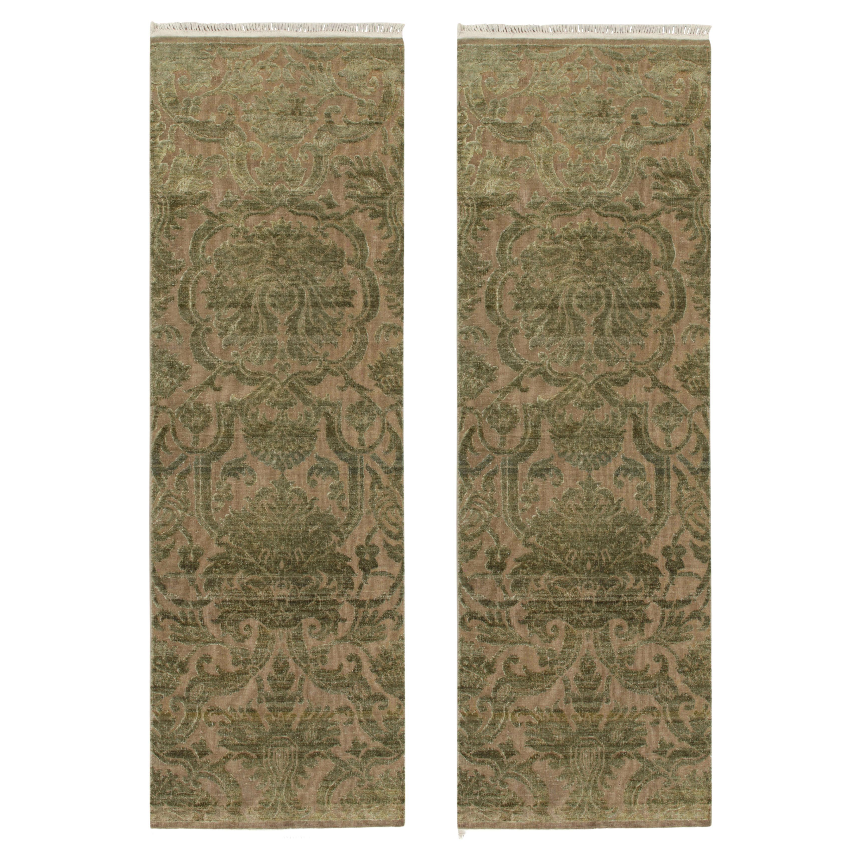 Rug & Kilim’s European Style Twin Runners in Beige with Green Floral Patterns For Sale