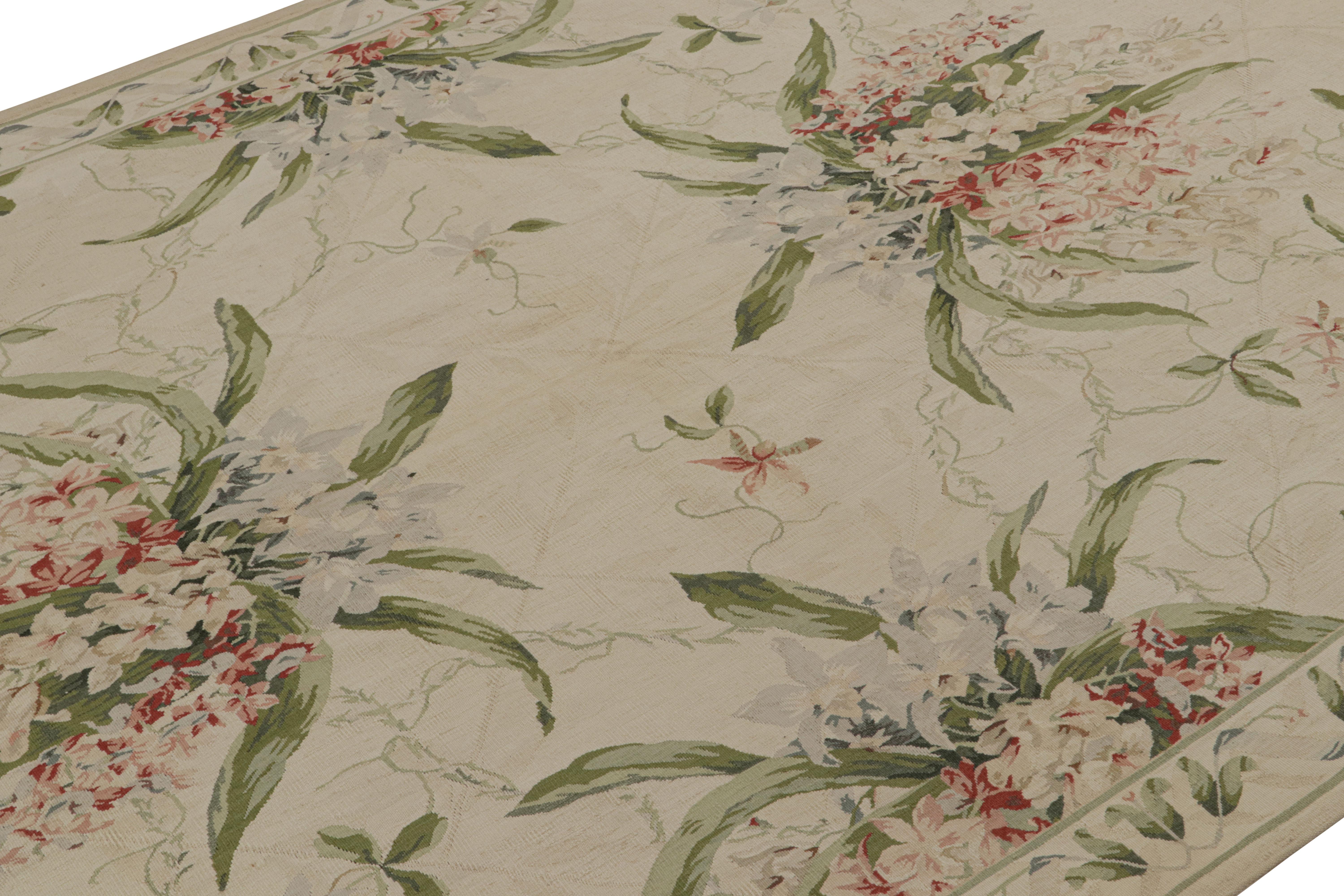 Chinese Rug & Kilim’s European Tudor Flatweave Rug in Beige, with Floral Patterns For Sale