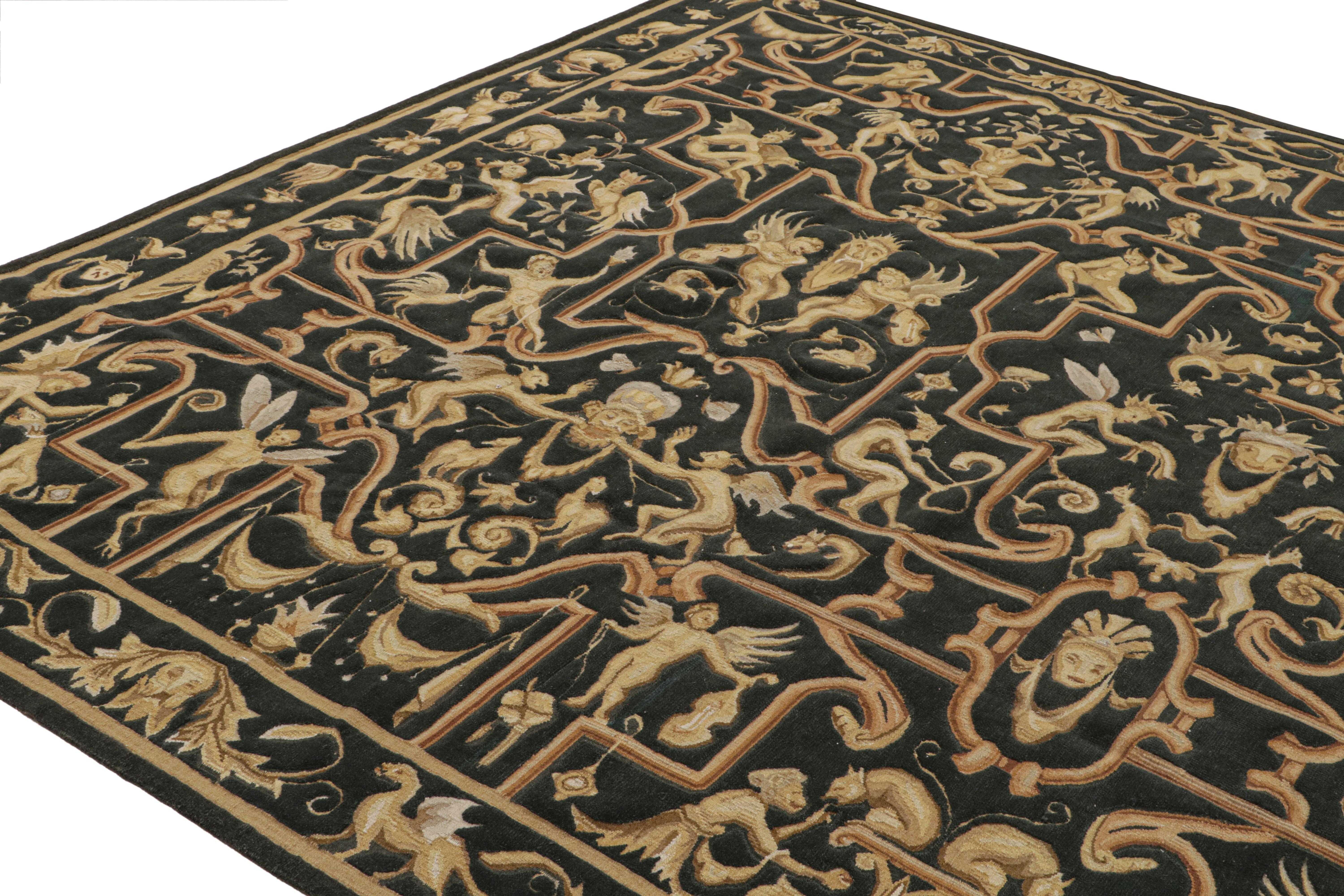 Rug & Kilim’s Tudor Style Flatweave in Black with Gold Pictorial Patterns In New Condition For Sale In Long Island City, NY