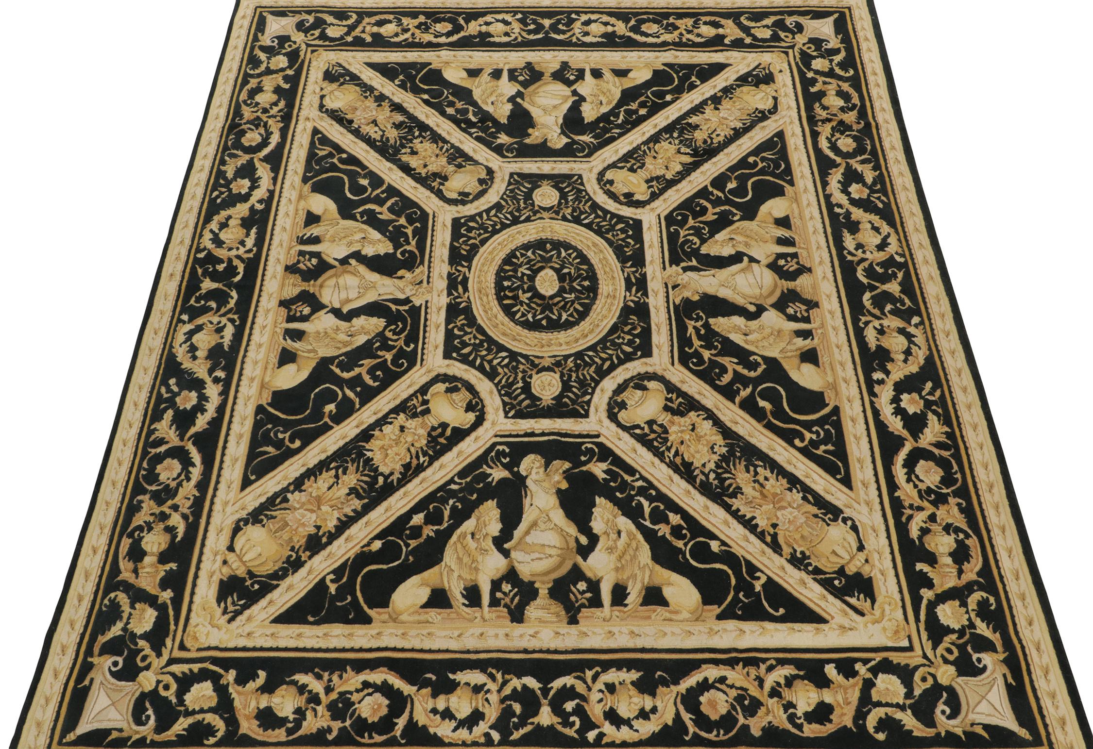 Handwoven in wool, an 8x10 Kilim inspired by Tudor flat weaves, joining Rug & Kilim’s classic-style European collection.
Further on the Design:
This piece draws on Tudor works of the ‘grotesque’ 16th century period, and the regal pictorials that