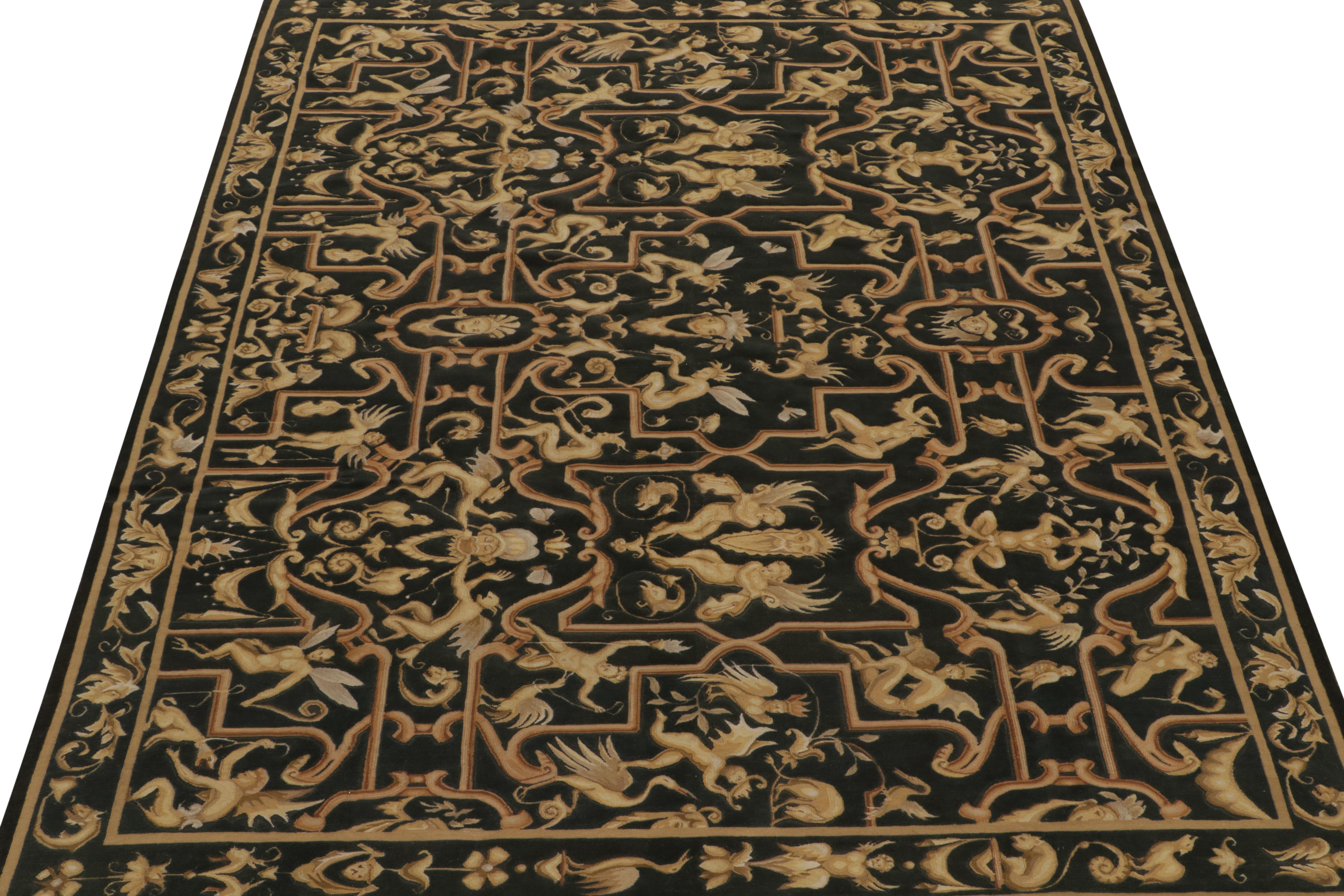 Chinese Rug & Kilim’s European Tudor style Flat Weave in Black with Gold Pictorial For Sale