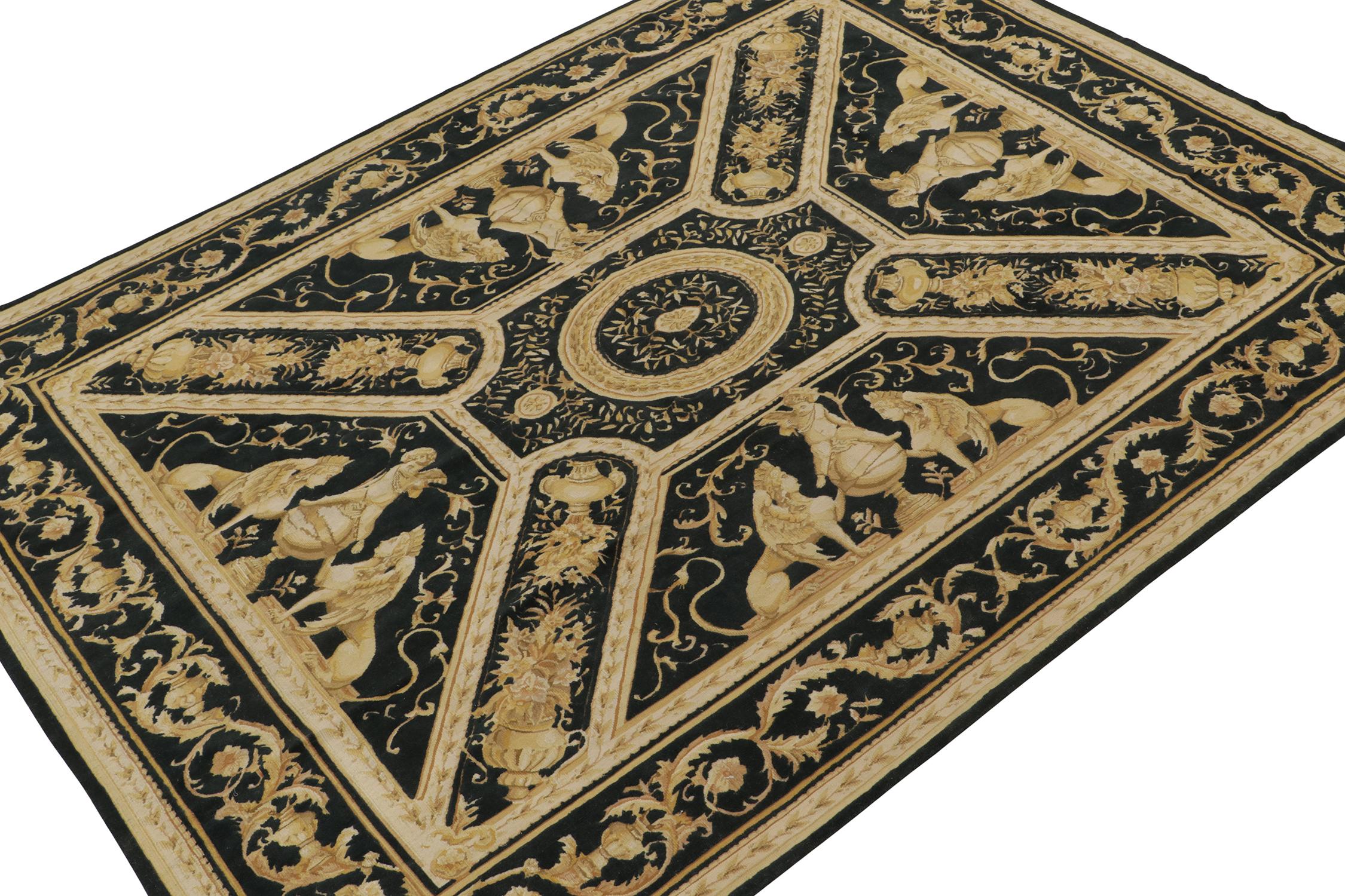 Chinese Rug & Kilim’s European Tudor style Flat Weave in Black with Gold Pictorial For Sale