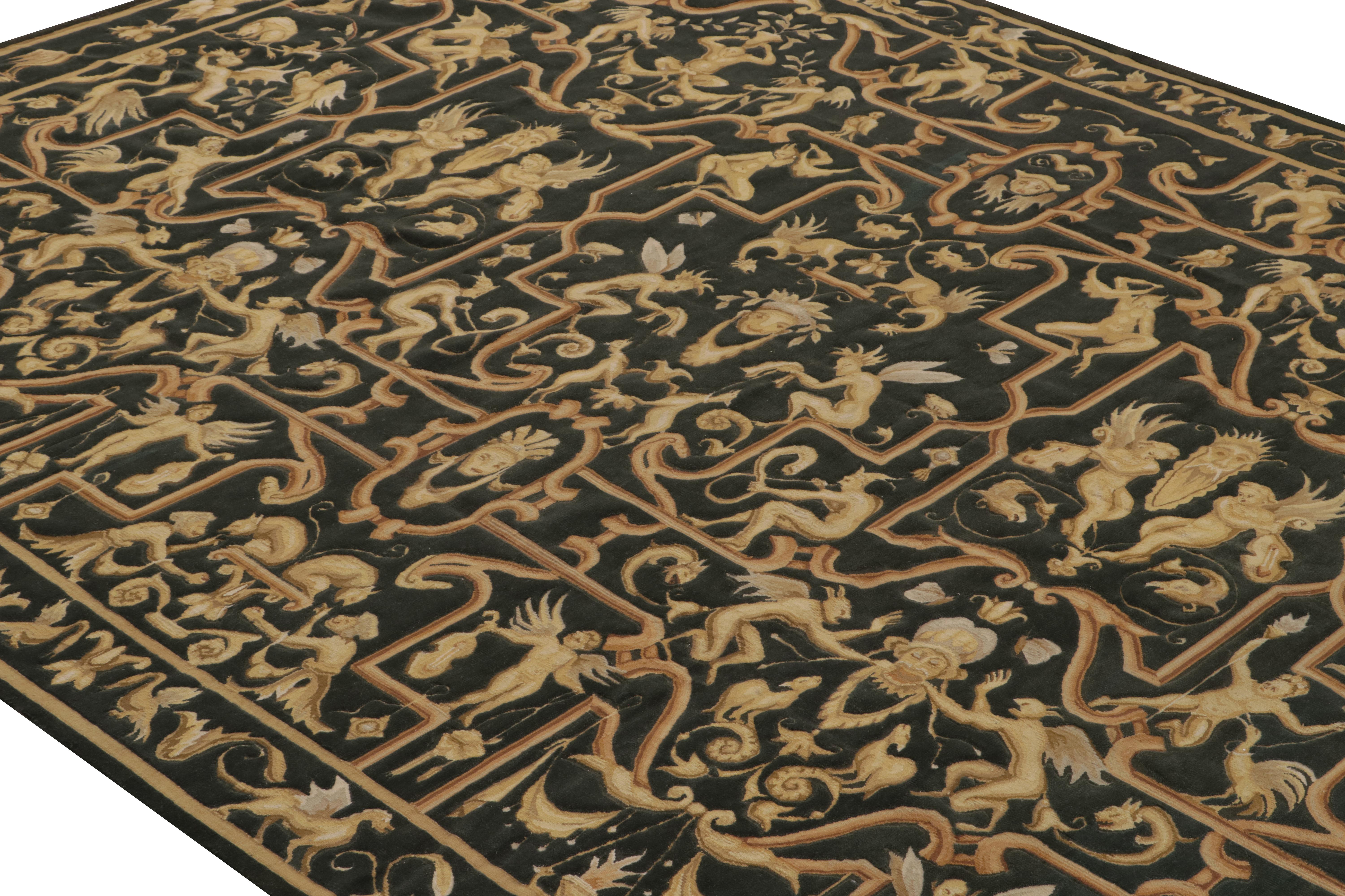 Hand-Knotted Rug & Kilim’s European Tudor style Flat Weave in Black with Gold Pictorial For Sale