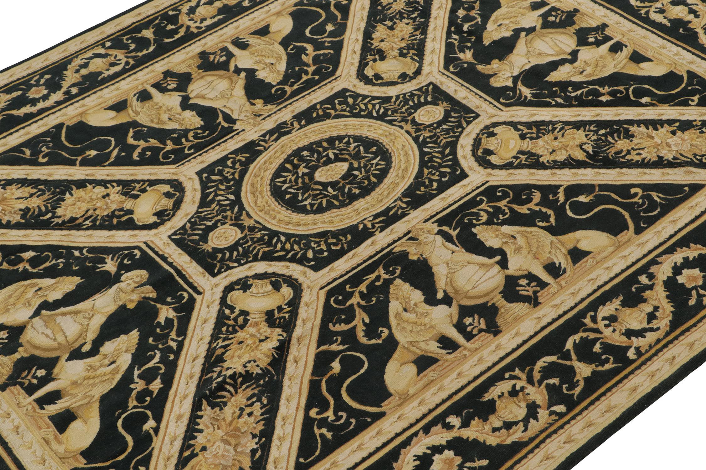 Hand-Knotted Rug & Kilim’s European Tudor style Flat Weave in Black with Gold Pictorial For Sale