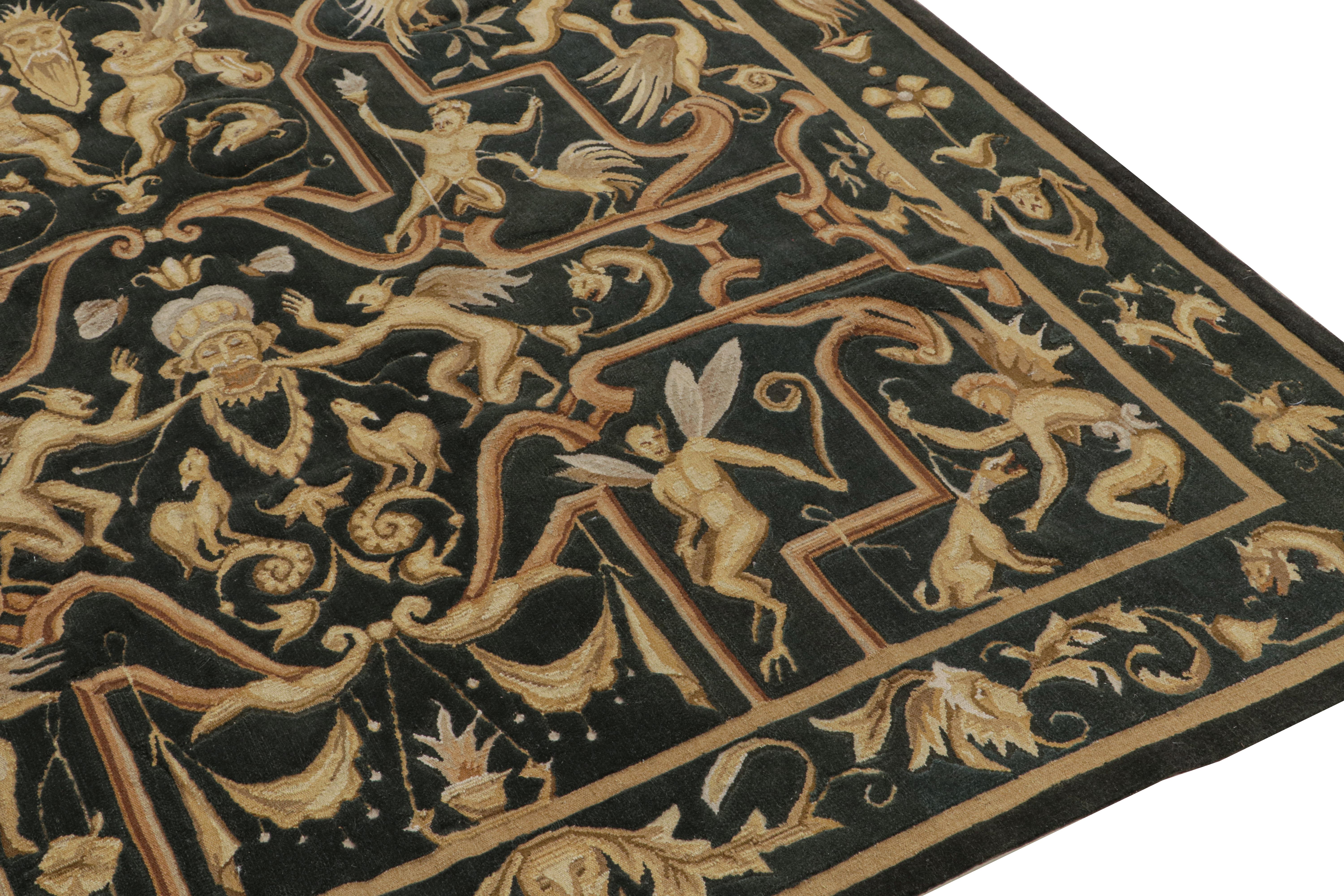Rug & Kilim’s Tudor Style Flatweave in Black with Gold Pictorial Patterns In New Condition For Sale In Long Island City, NY