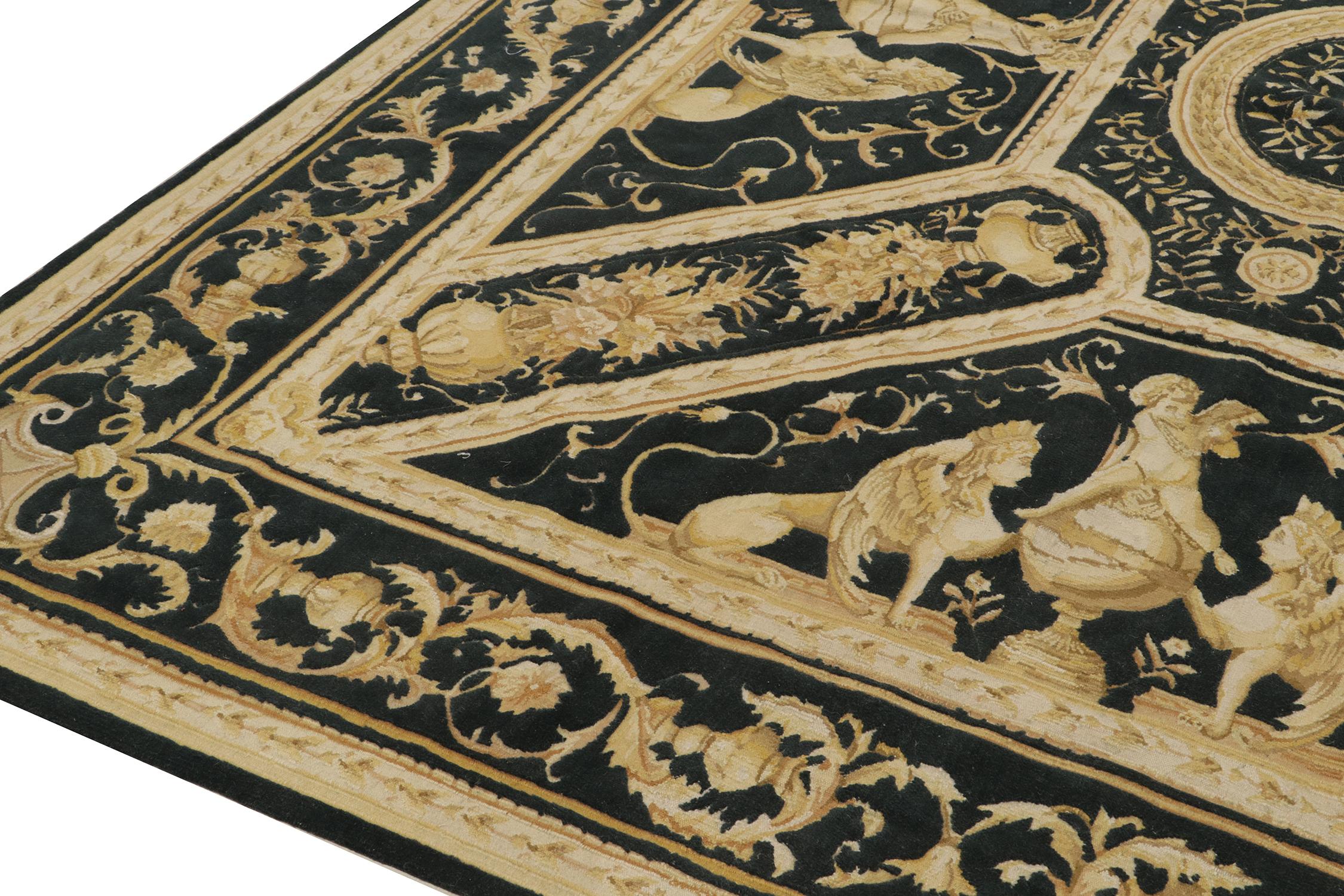 Contemporary Rug & Kilim’s European Tudor style Flat Weave in Black with Gold Pictorial For Sale
