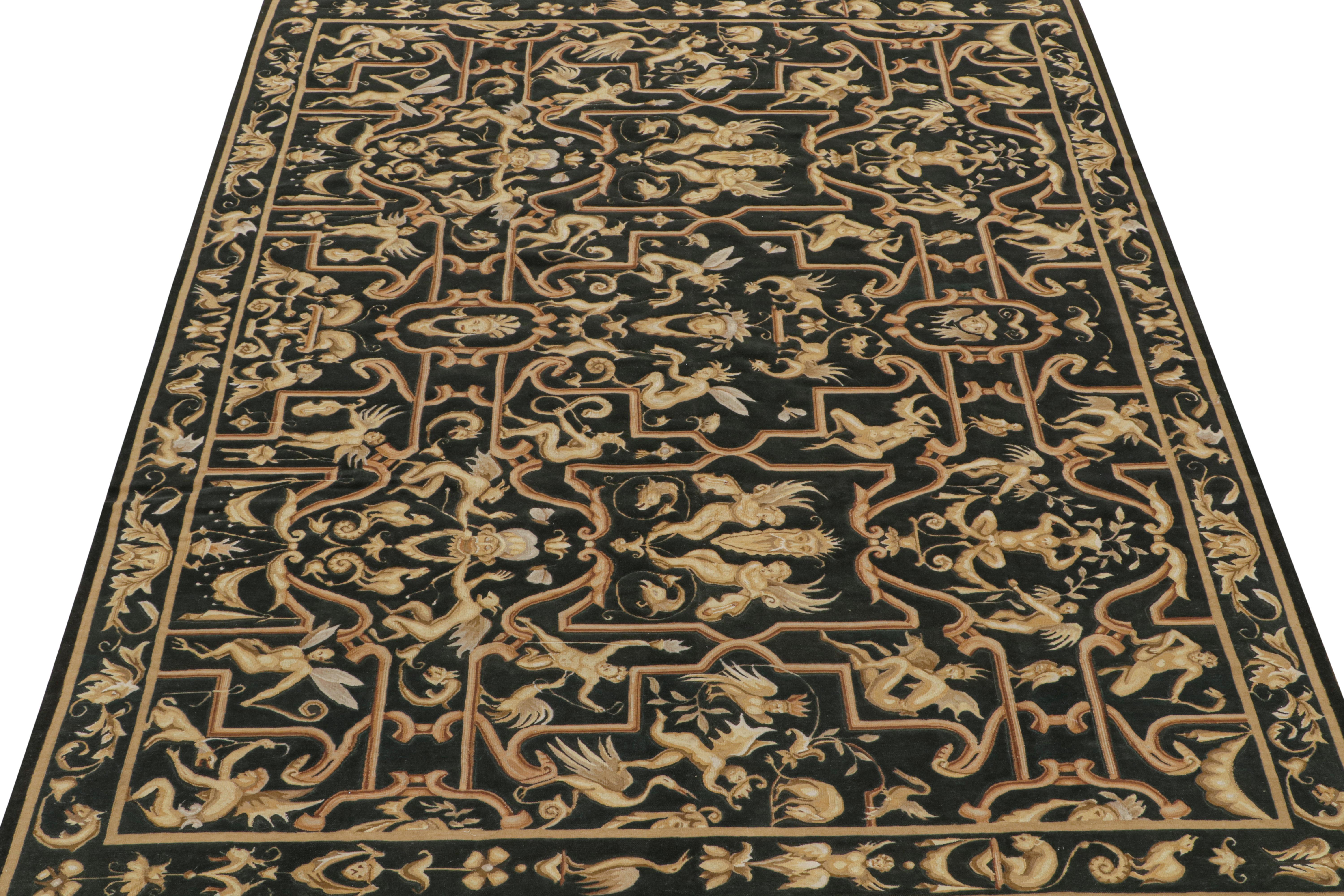 Chinese Rug & Kilim’s Tudor Style Flatweave in Black with Gold Pictorial Patterns For Sale