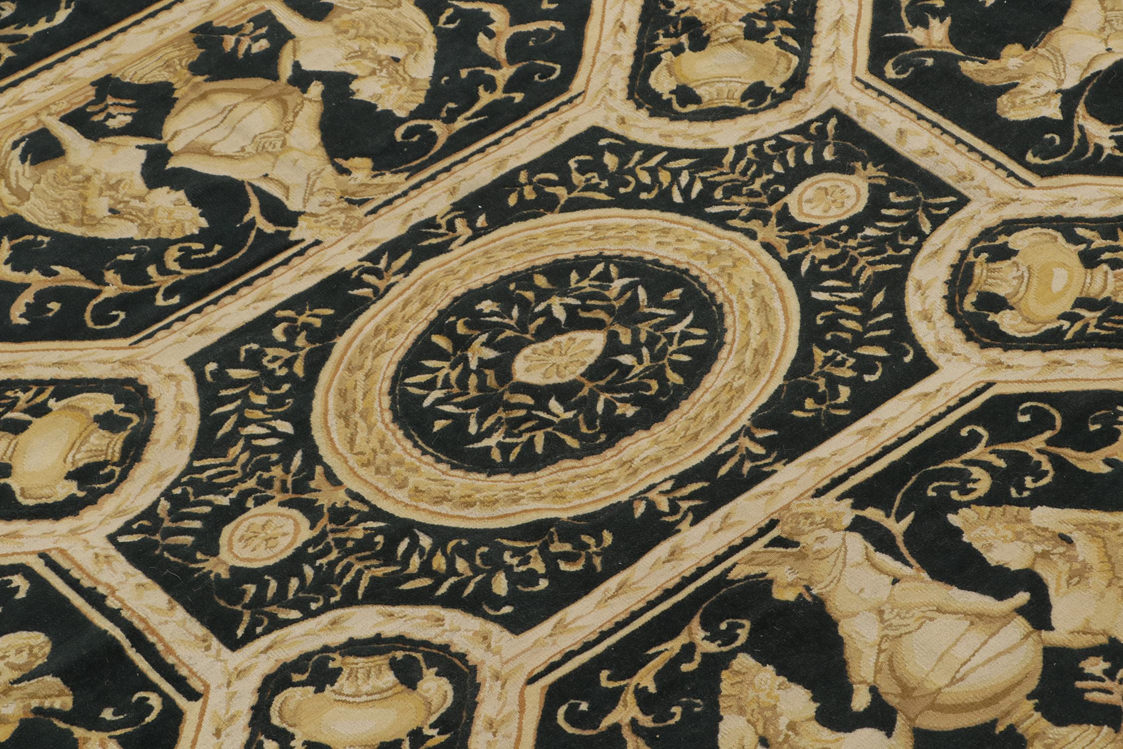 Wool Rug & Kilim’s European Tudor style Flat Weave in Black with Gold Pictorial For Sale