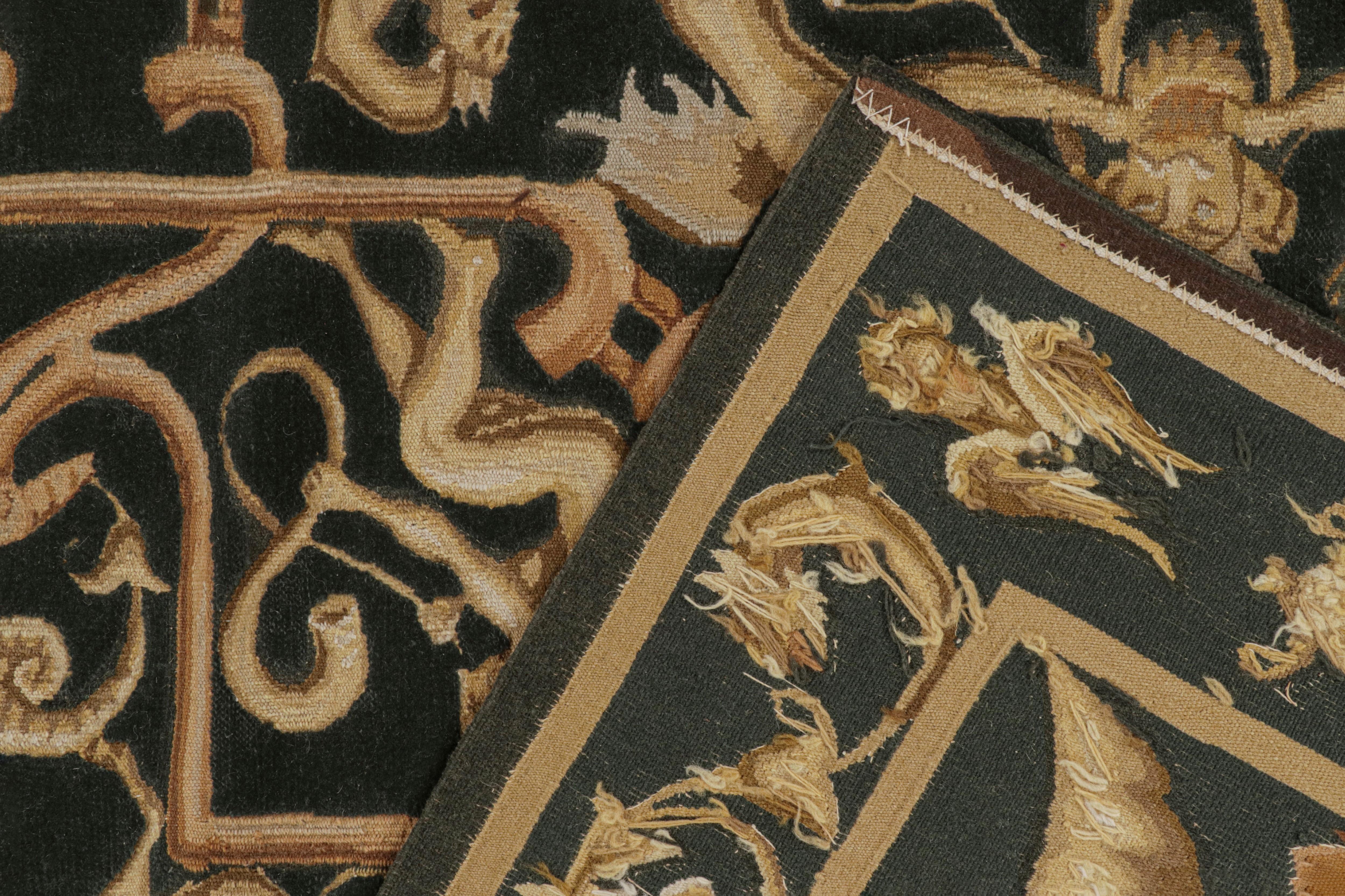 Rug & Kilim’s Tudor Style Flatweave in Black with Gold Pictorial Patterns For Sale 1