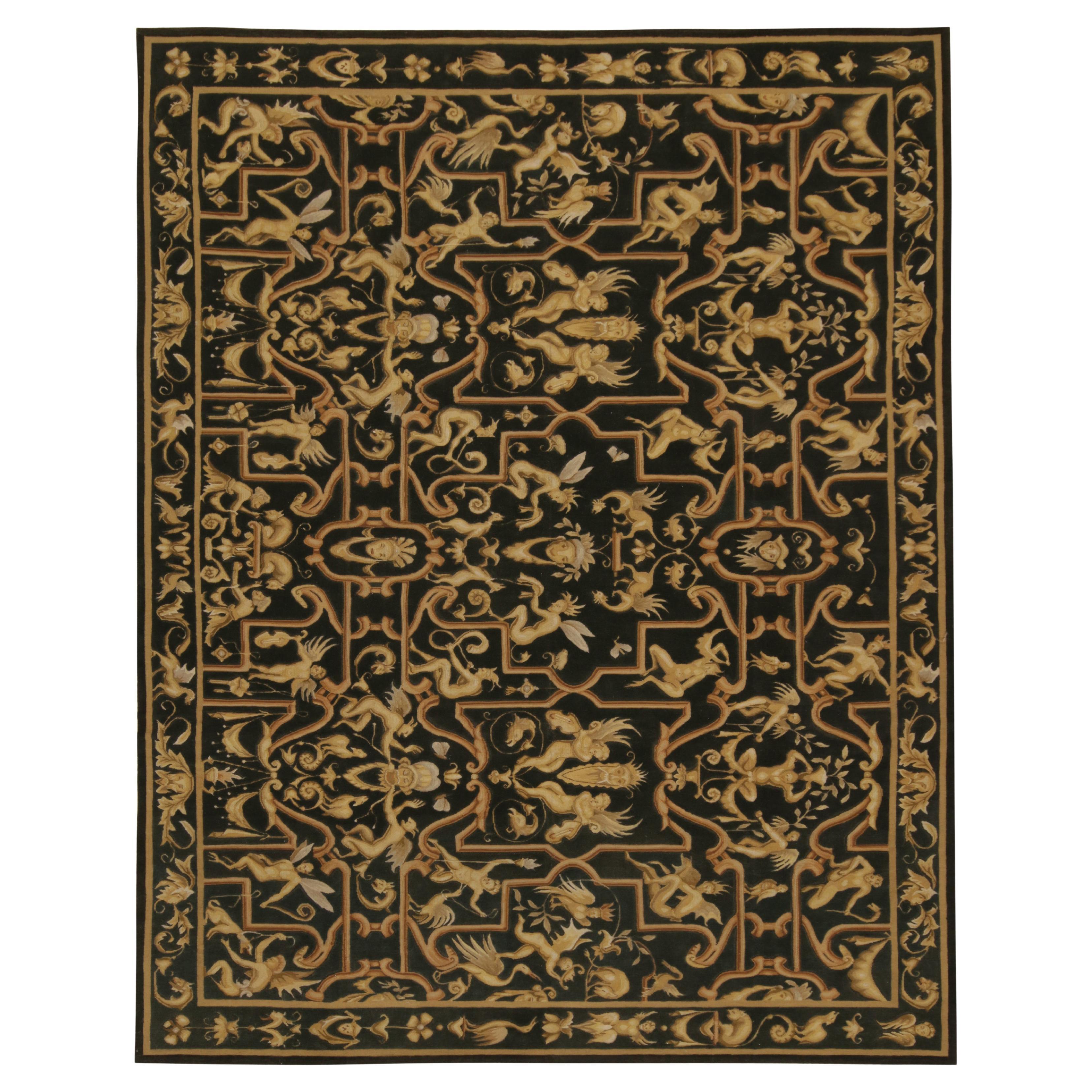 Rug & Kilim’s European Tudor style Flat Weave in Black with Gold Pictorial For Sale