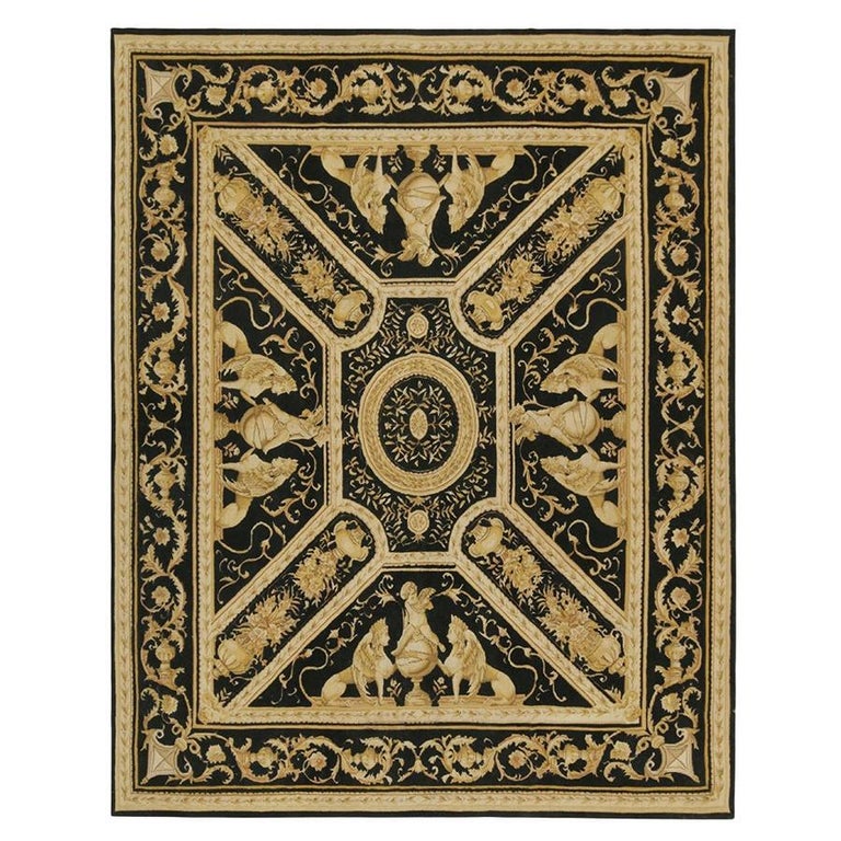 Rug and Kilim’s European Tudor style Flat Weave in Black with Gold ...
