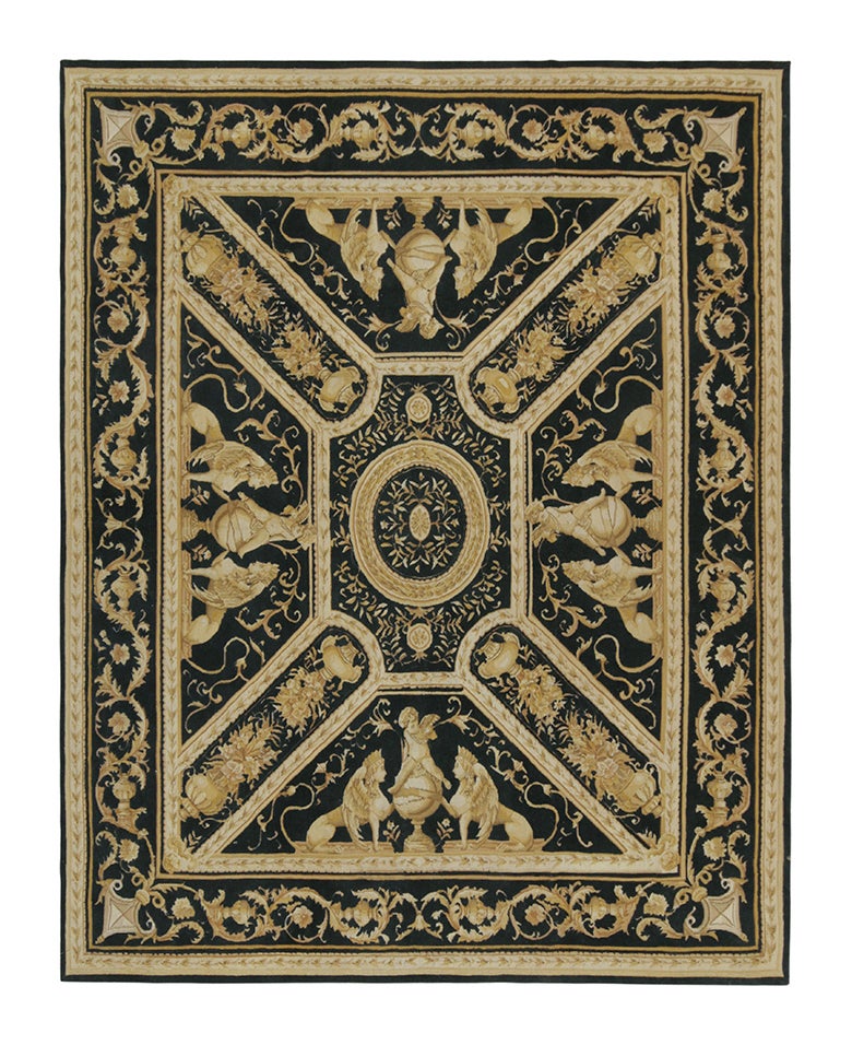 Rug & Kilim’s European Tudor style Flat Weave in Black with Gold Pictorial  For Sale