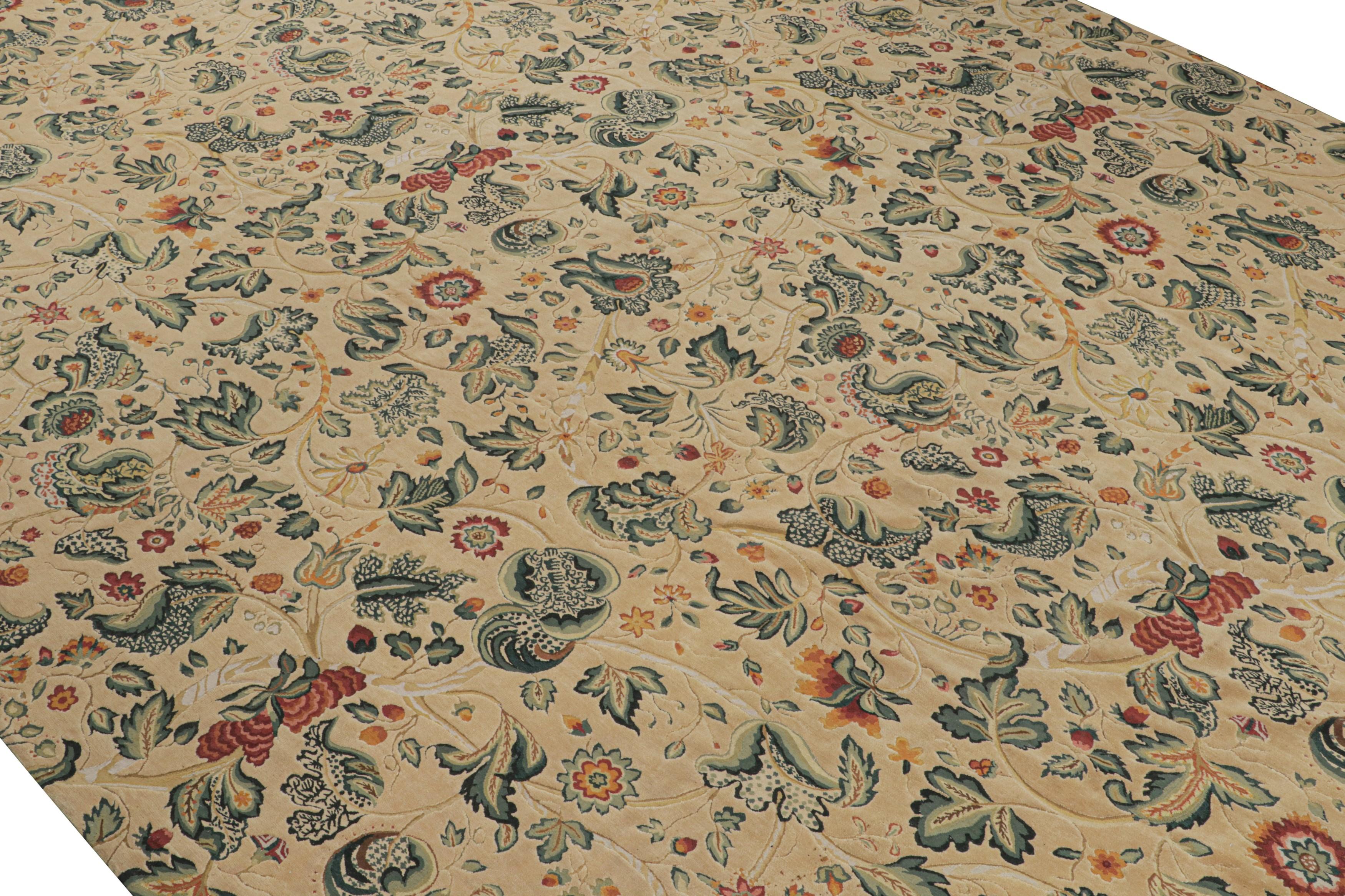 Hand-Knotted Rug & Kilim’s European Tudor Style Flatweave in Beige with Teal Floral Pattern For Sale