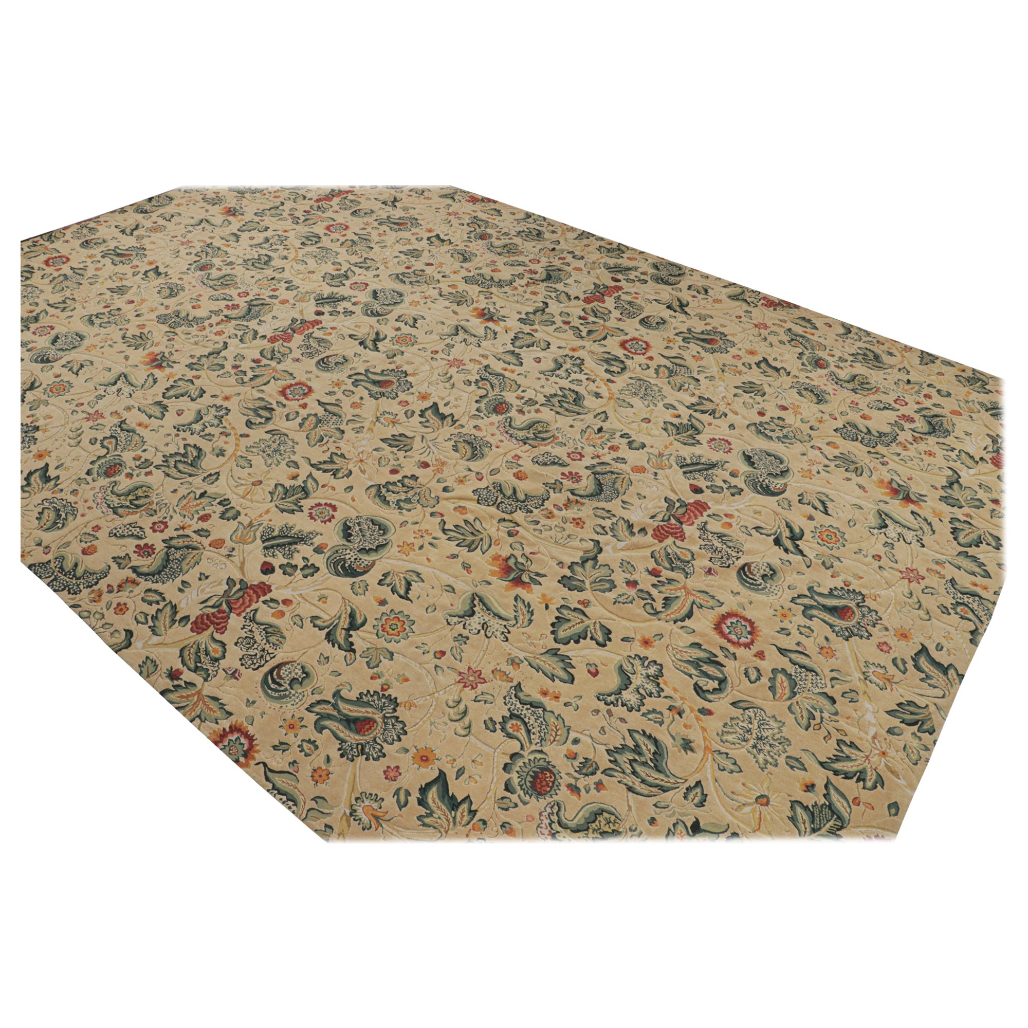 Noué à la main Tapis & Kilim's European Tudor Style Flatweave en beige avec motif floral sarcelle en vente