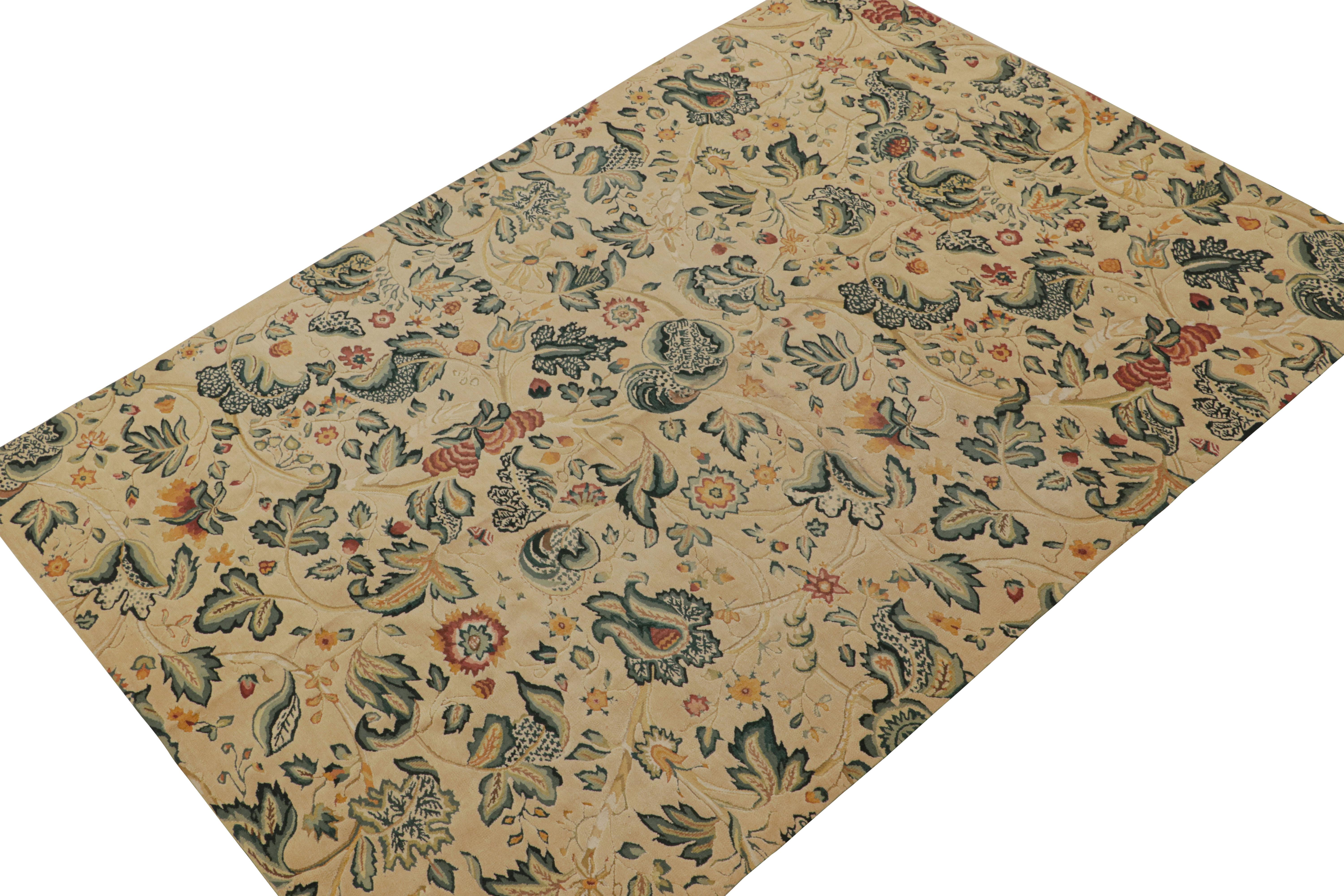 Hand-Knotted Rug & Kilim’s European Tudor Style Flatweave in Beige with Teal Floral Pattern For Sale