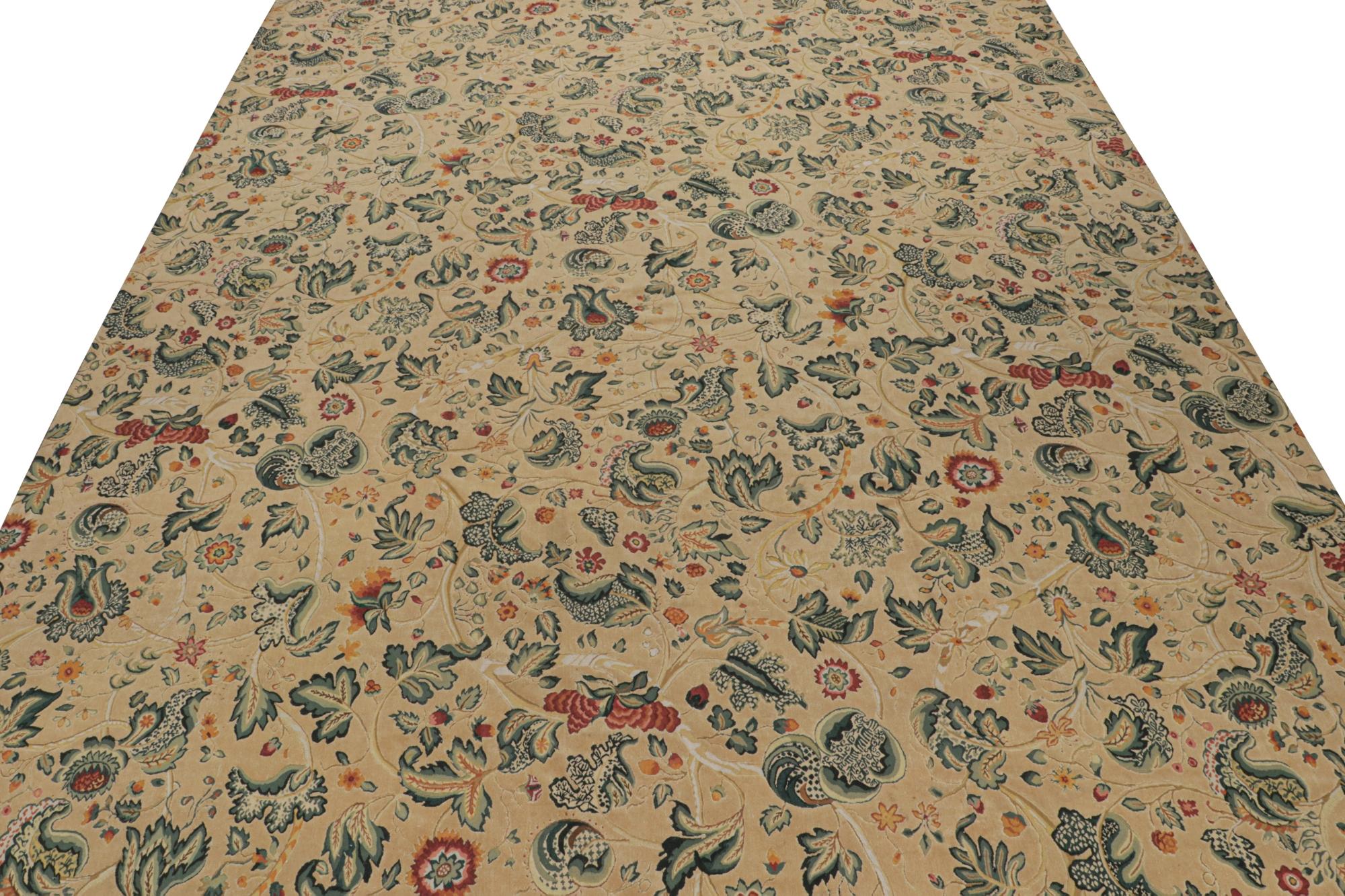 Rug & Kilim’s European Tudor Style Flatweave in Beige with Teal Floral Pattern In New Condition For Sale In Long Island City, NY
