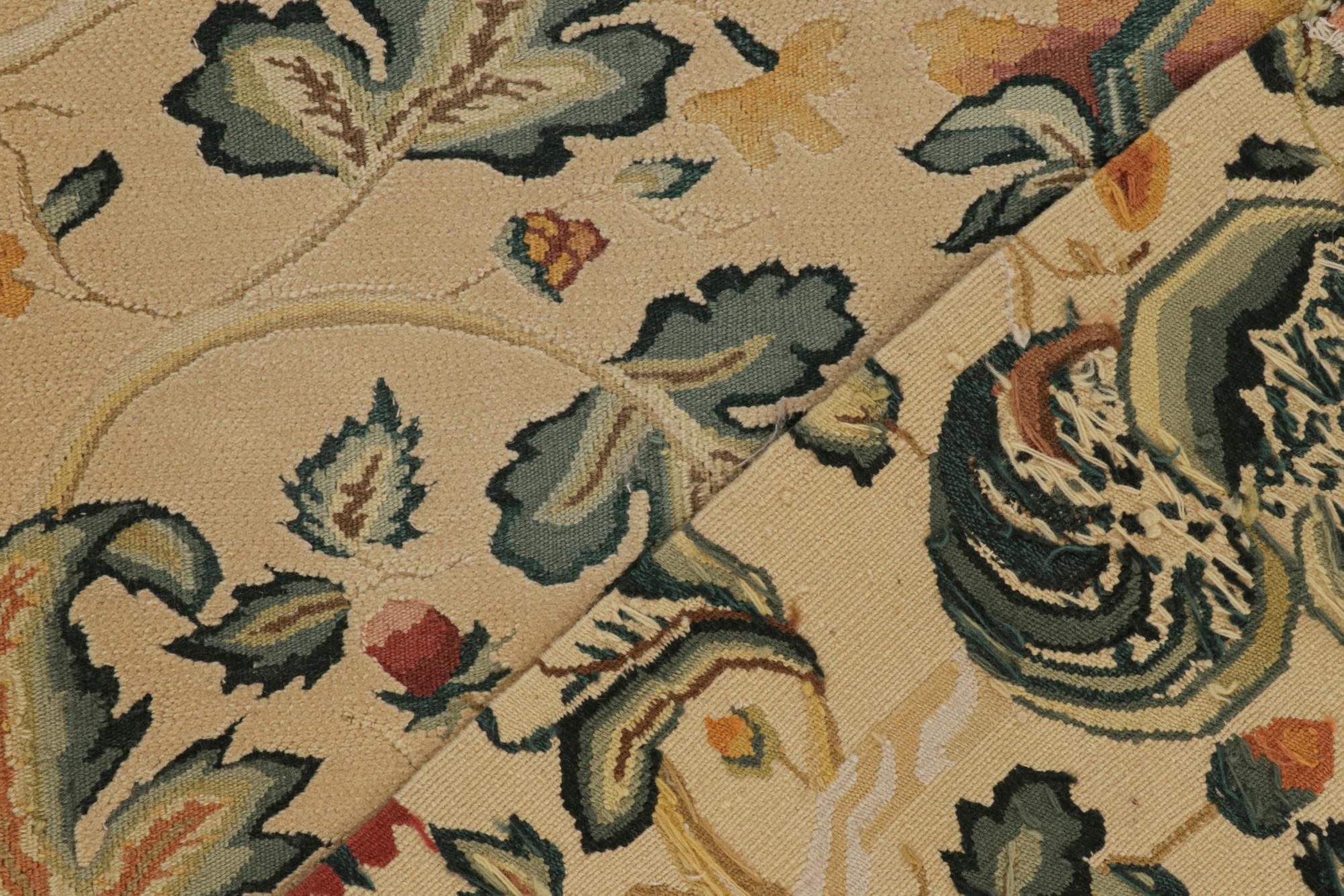 Wool Rug & Kilim’s European Tudor Style Flatweave in Beige with Teal Floral Pattern For Sale