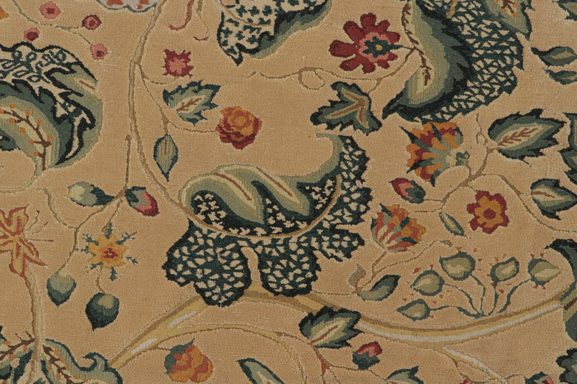 Wool Rug & Kilim’s European Tudor Style Flatweave in Beige with Teal Floral Pattern For Sale