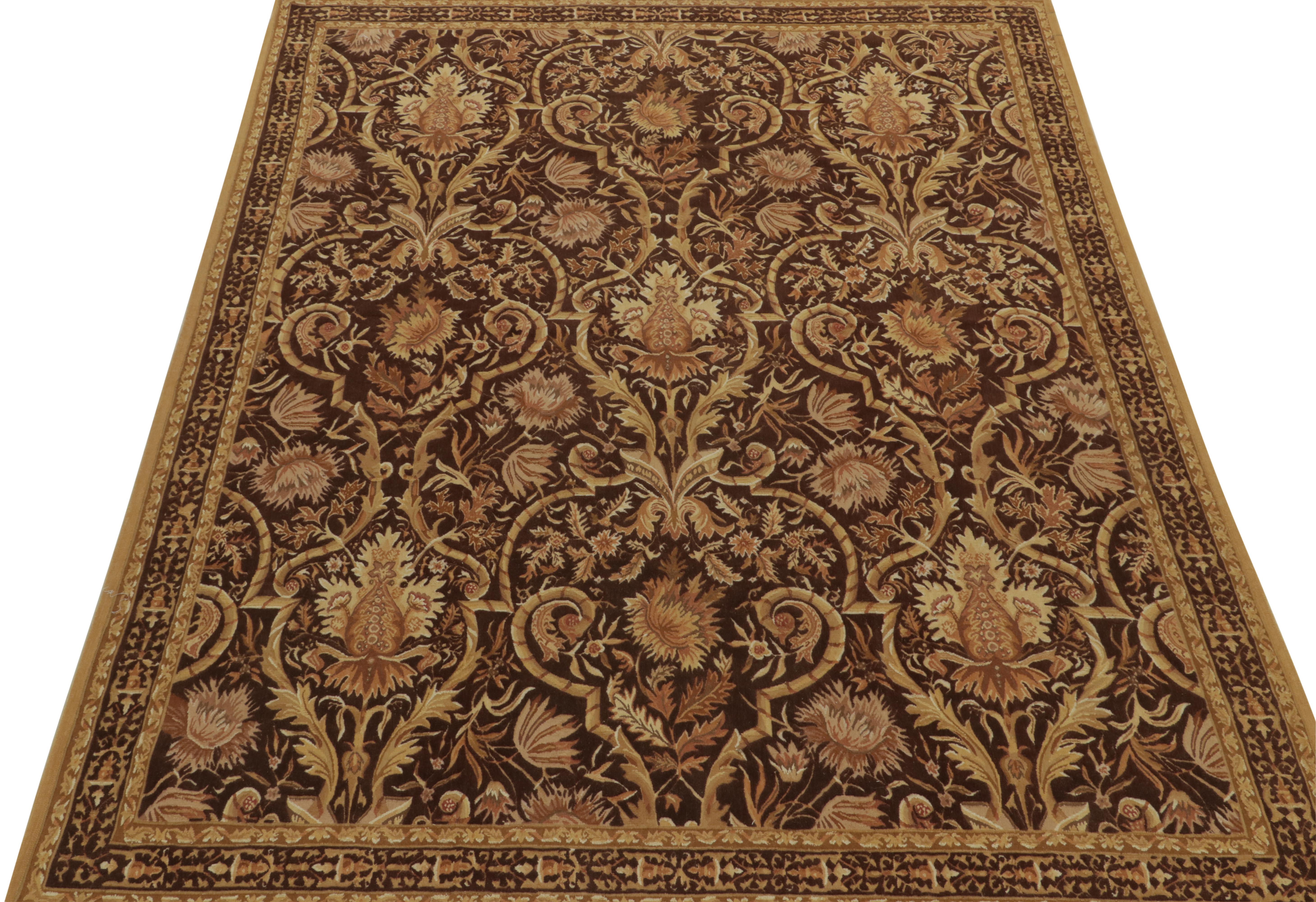 Chinese Rug & Kilim’s European Tudor style Kilim in Brown with Gold Floral Pattern For Sale