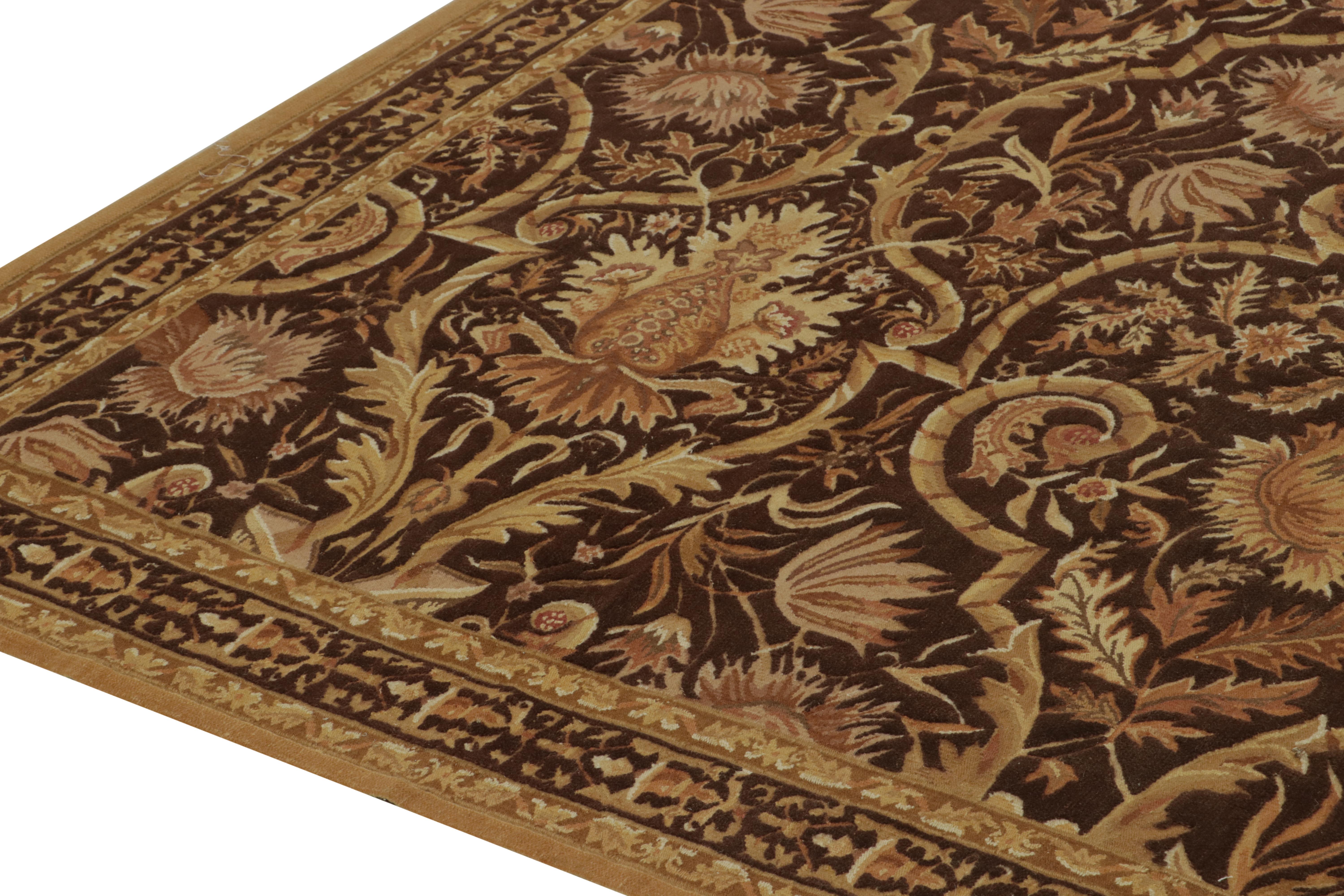 Rug & Kilim’s European Tudor style Kilim in Brown with Gold Floral Pattern In New Condition For Sale In Long Island City, NY