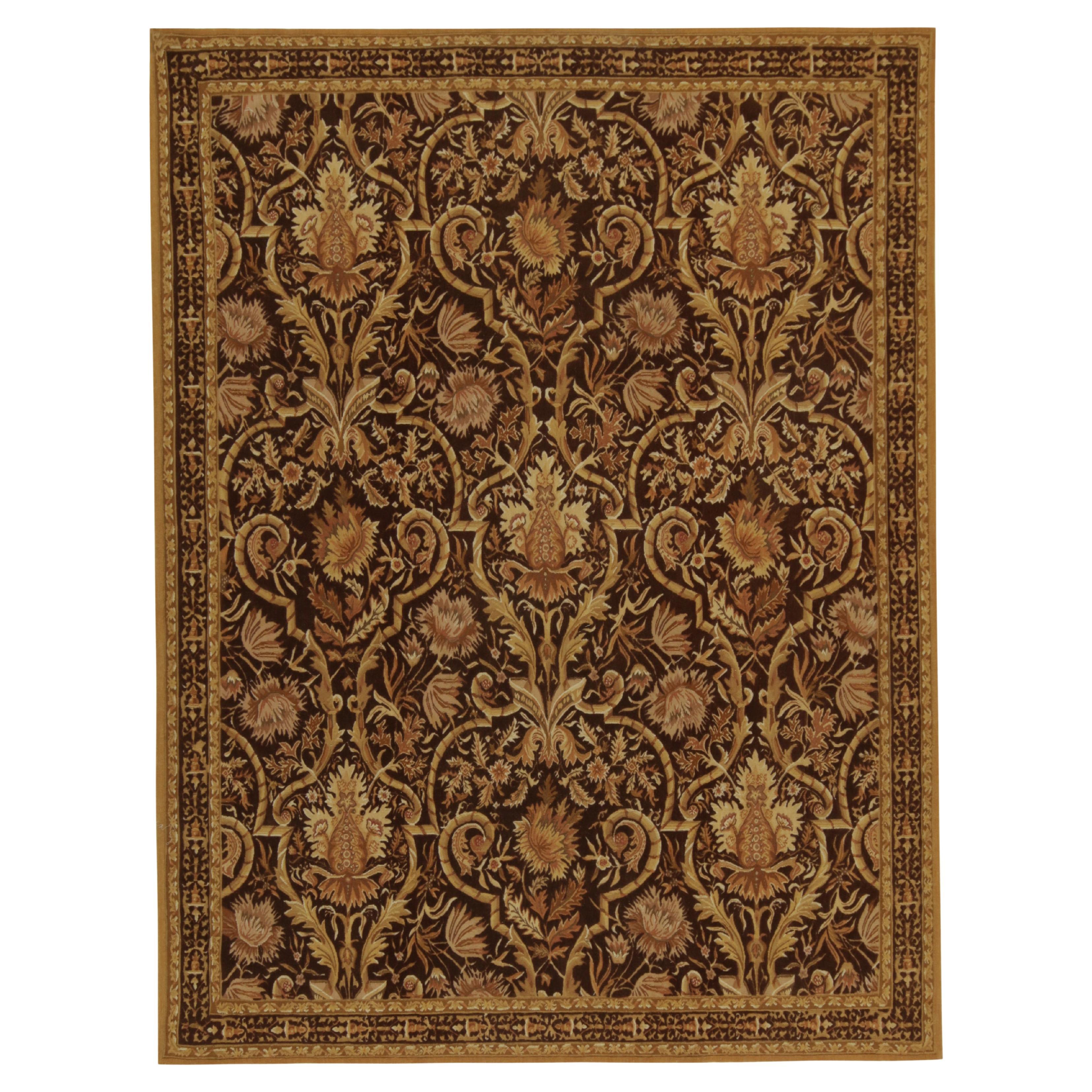 Rug & Kilim’s European Tudor style Kilim in Brown with Gold Floral Pattern For Sale