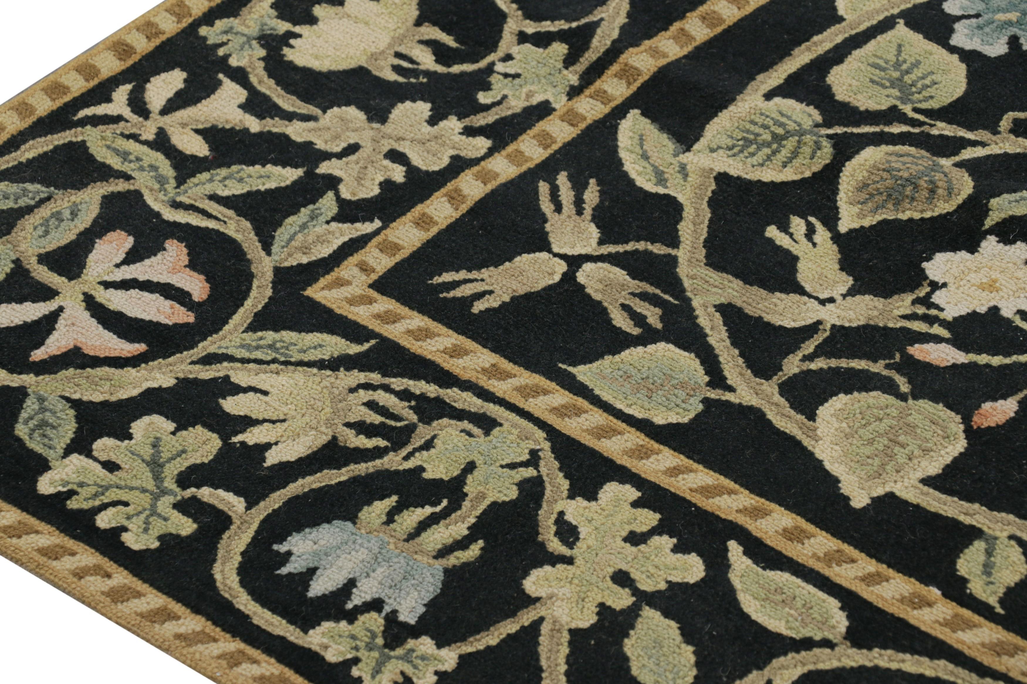 Chinese Rug & Kilim’s European Tudor Style Rug in Black with Green and Beige Florals For Sale