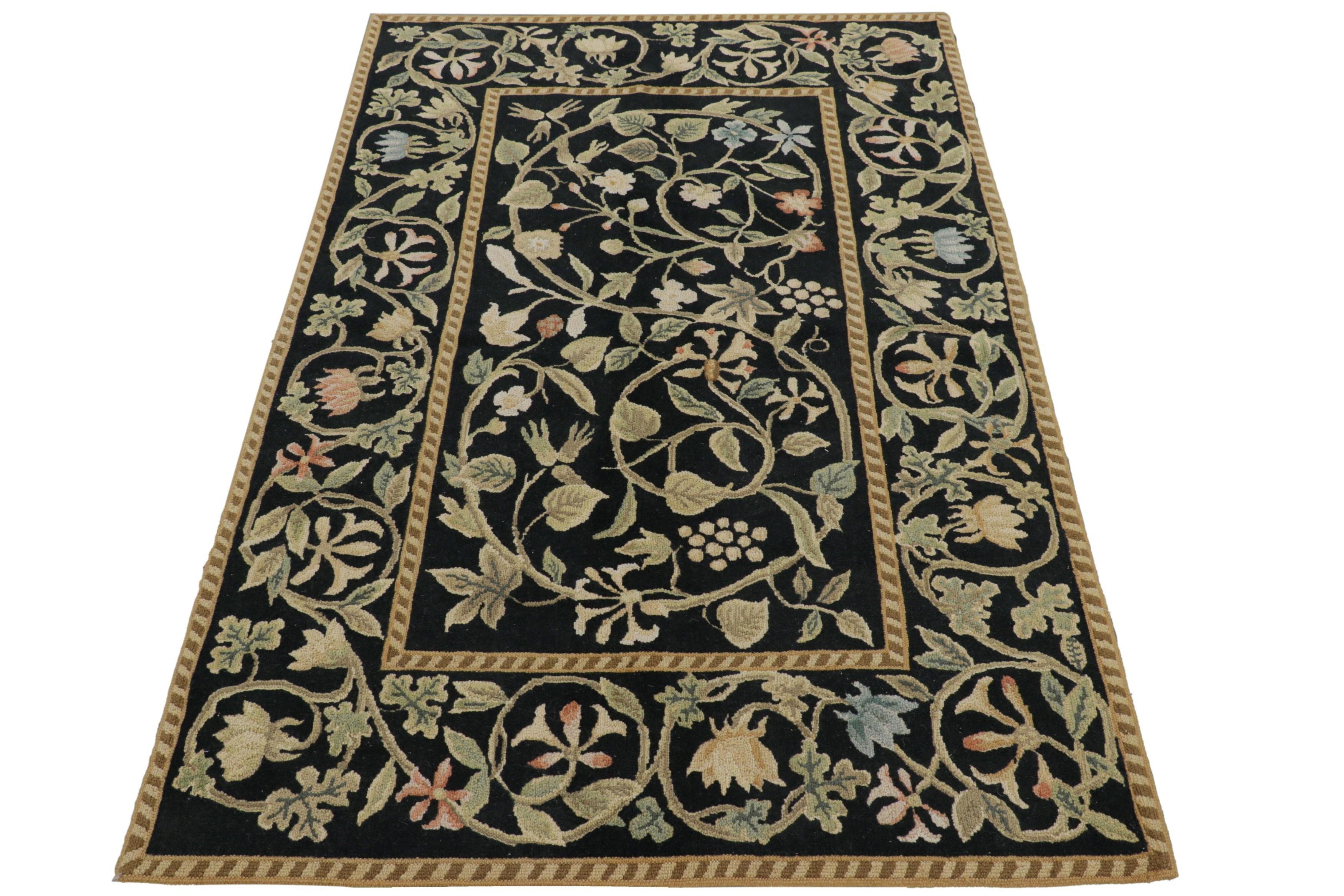 Hand-Woven Rug & Kilim’s European Tudor Style Rug in Black with Green and Beige Florals For Sale