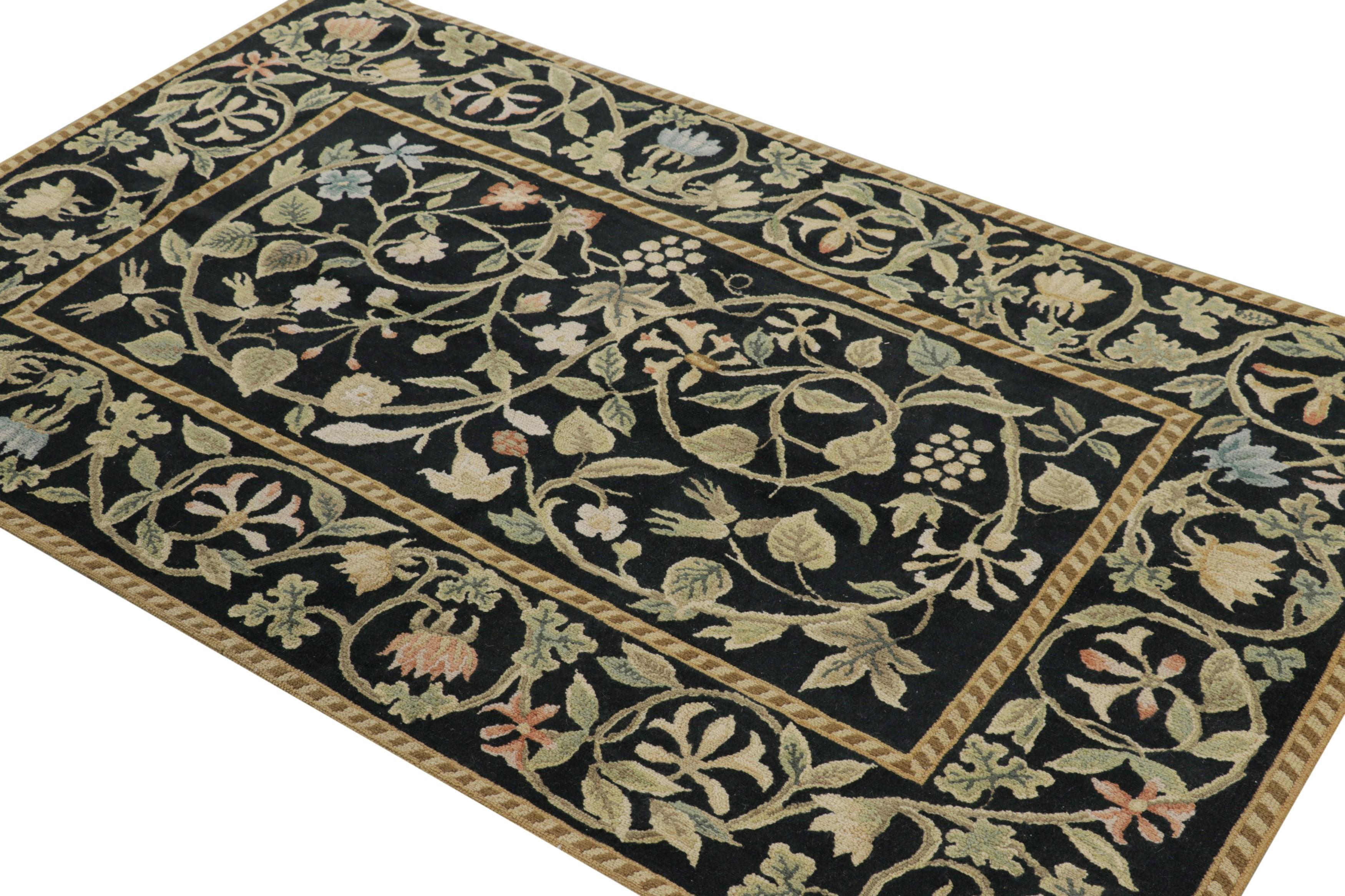 Rug & Kilim’s European Tudor Style Rug in Black with Green and Beige Florals In New Condition For Sale In Long Island City, NY